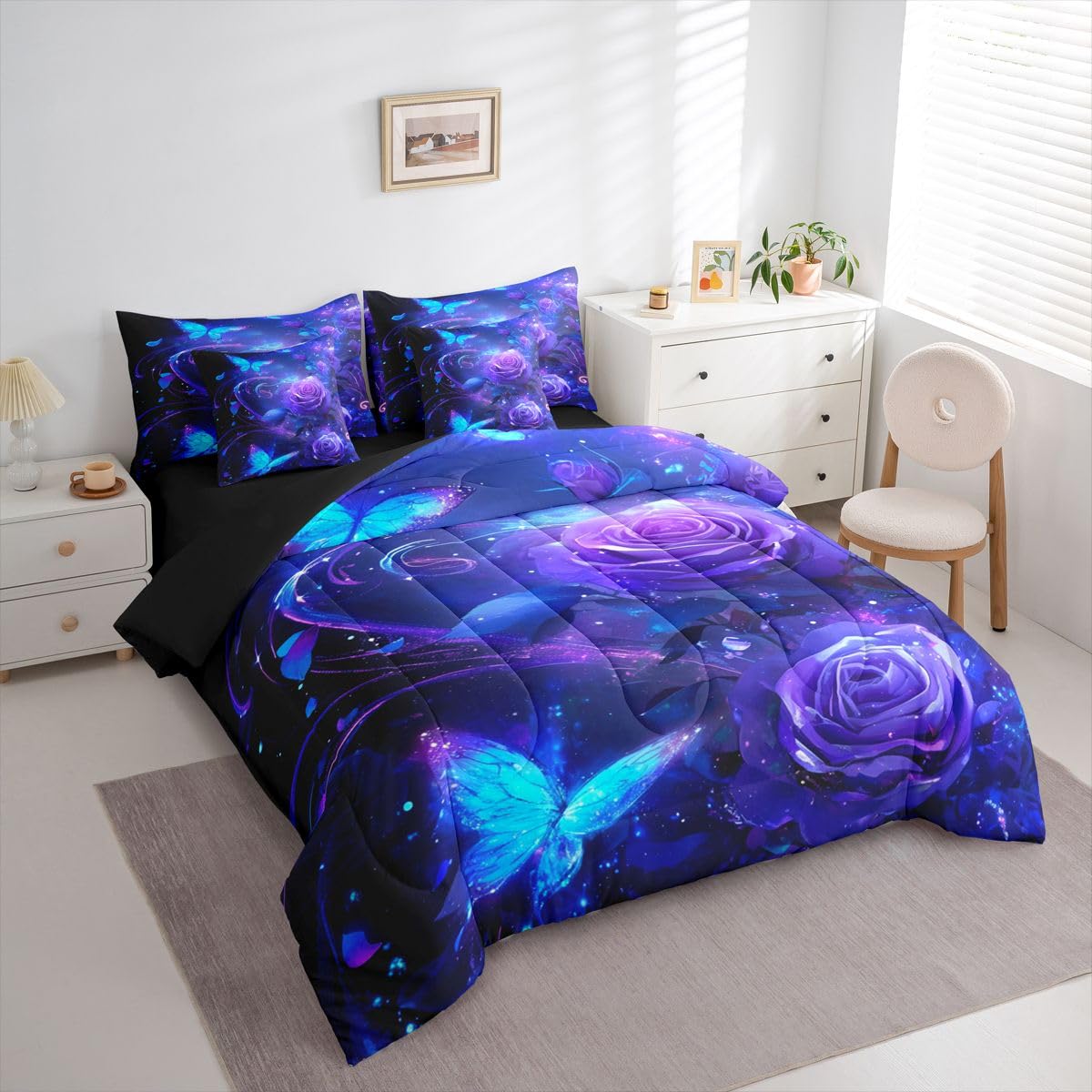Erosebridal Butterfly 7 Piece Bedding Set Queen Rose Comforter Set with Sheets Flying Butterflies Dreamy Roses Bed in a Bag Magic Purple Flowers Petal for Kids Boys Girls