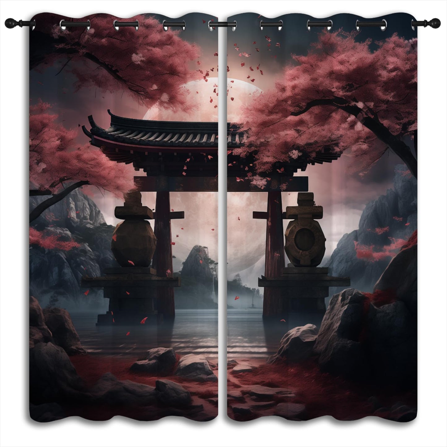 LHROOMJK Japanese Cherry Blossom Blackout Curtains for Boys Girl Bedroom Home Decor,Asian Anime Floral Mountain Pink Moon Thermal Insulated Grommet Darkening Living Room Window Drapes, 72 x 63 inch