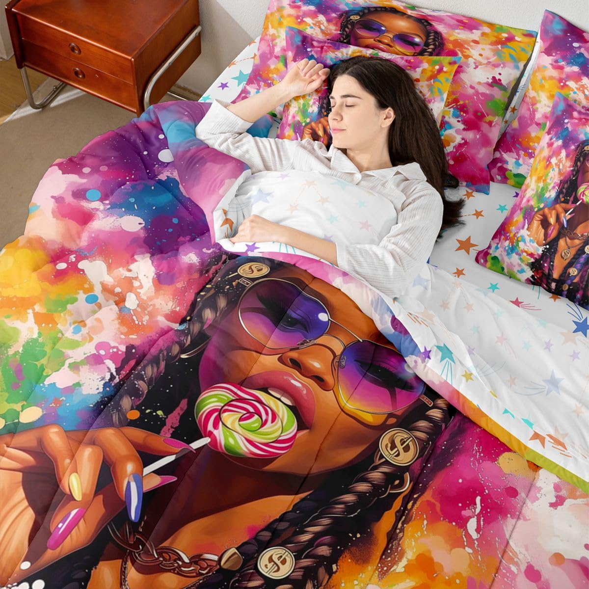 Erosebridal Cute Black Girls Queen Bedding Set Y2K Colorful Splash Paint Comforter Set Teen Stylish Multicolor Art 7-Piece Bed in a Bag Vibrant Aesthetic Watercolor Quilt Sets