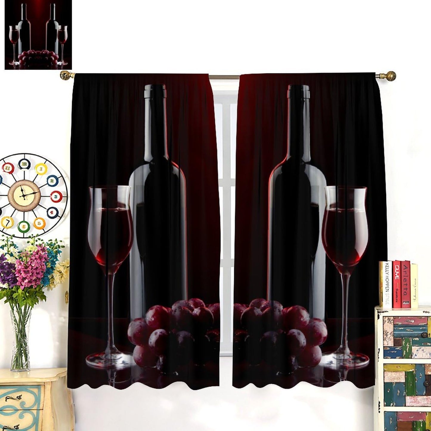 Wine Curtains, Red Wine Bottle Glass Grapes Print, Light Filtering Window Drapes for Kitchen Dining Room Living Room, 20.5" W x 44.5" L, 2 Panels （No Blackout）
