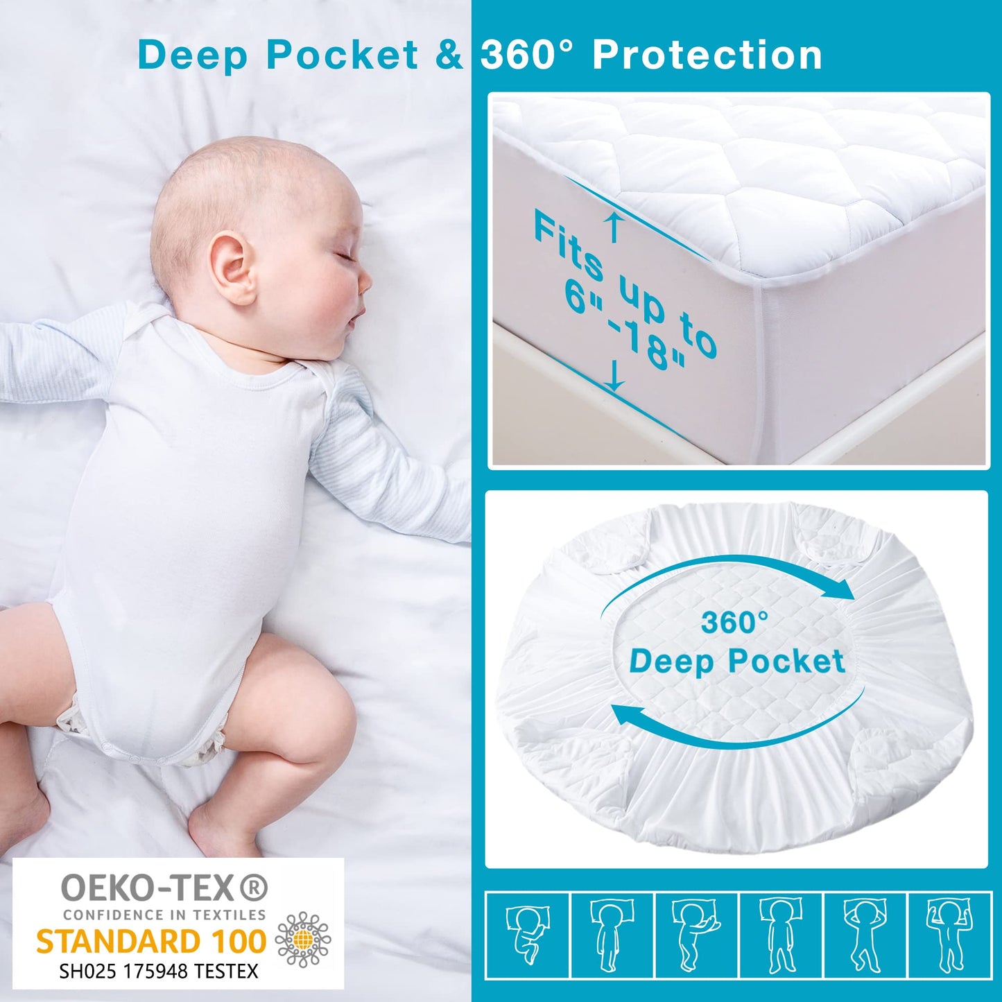 KUTUU Waterproof Split King Mattress Protector for Adjustable Beds, Breathable Noiseless Split King Mattress Pad Cover, 6-18 Inches Deep Pocket, White