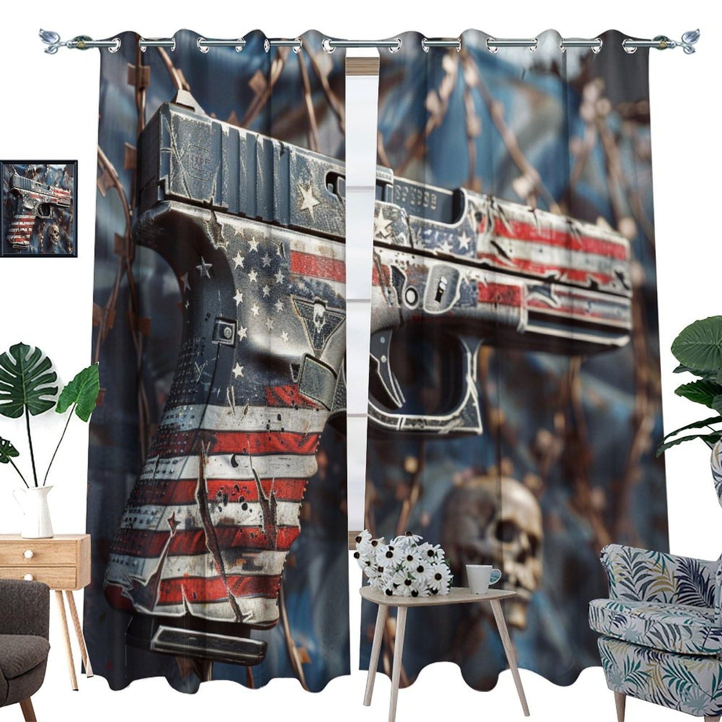 TOWINSFB American Flag Military Gun Blackout Curtains for Bedroom/Living Room, Gothic Skull War Theme Grommet Curtains Thermal Insulated Window Drapes, 2 Panels, Each 21W x 45L