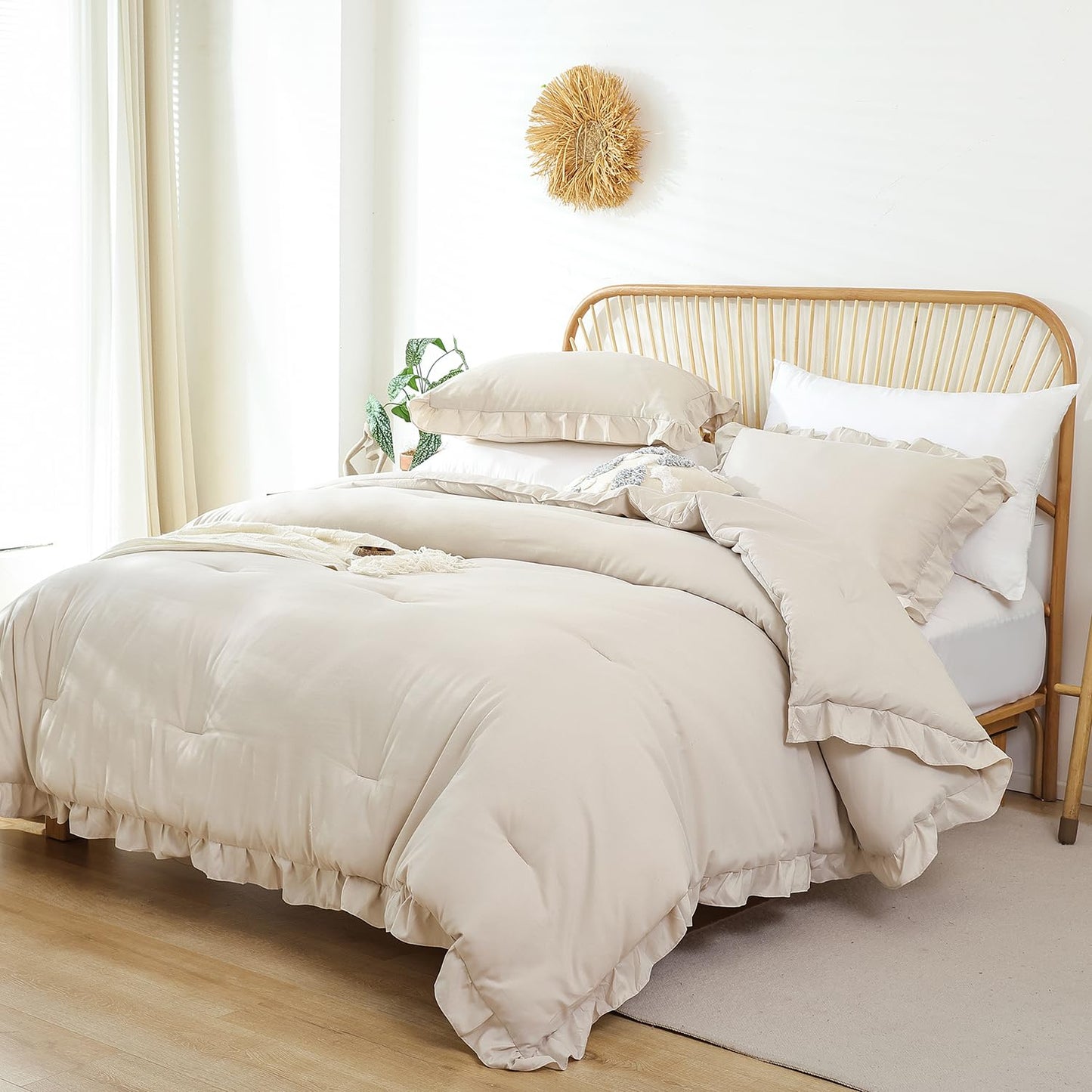 JANZAA Beige Comforter Set Queen – Soft Microfiber, Lightweight All Season Bedding, Ruffle Shabby Chic Aesthetic, Breathable Cozy Bed Set with 2 Pillow Shams, Machine Washable