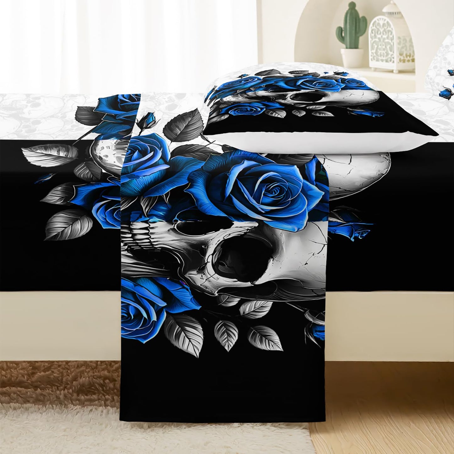 QOOMO Sugar Skull Kids Bed Sheets Twin Size,Blue Roses Print Bedding Sheet Set,4Pcs Skeleton Deep Pocket Bed Sets with 1 Fitted Sheet 1 Flat Sheet 2 Pillowcases for Boys Girls Teens