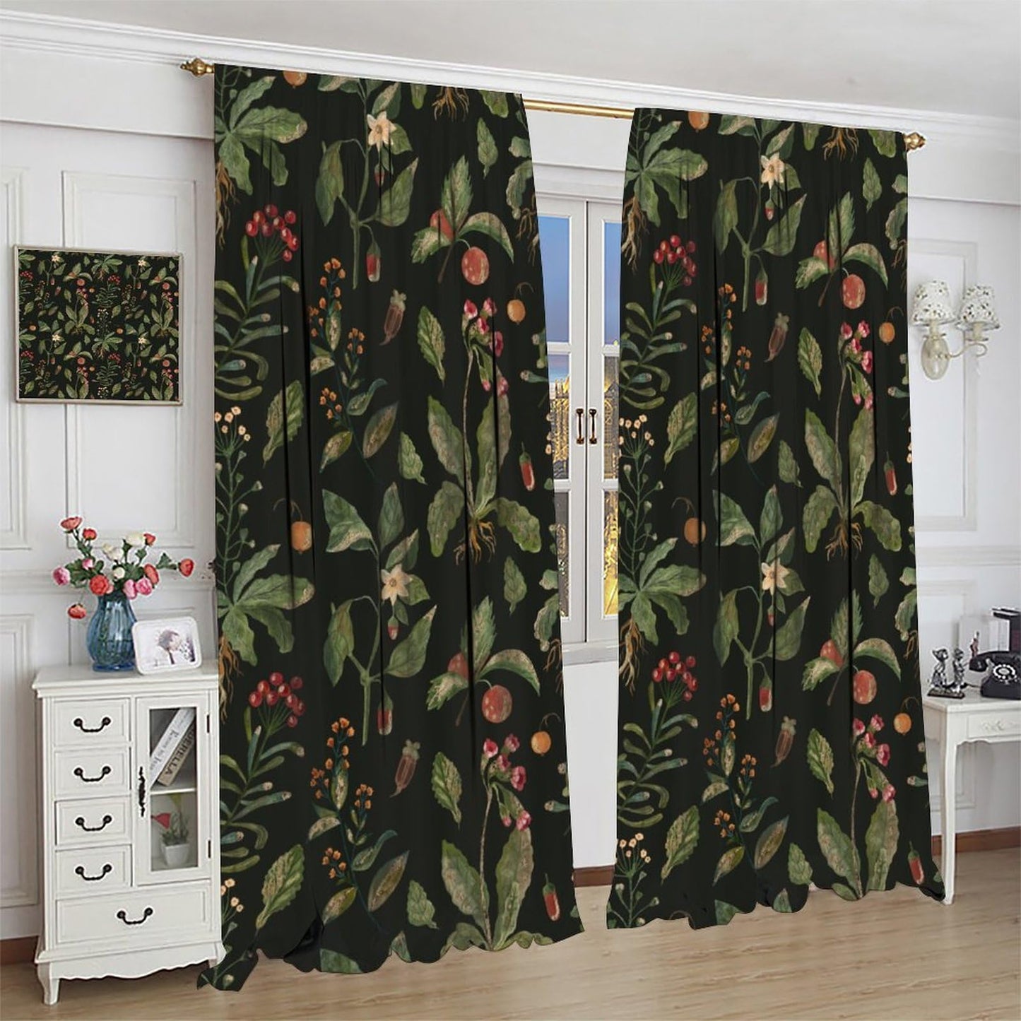 PHTAYOT Black Botanical Curtains, Botanical Green Leaves Boho Plant Flower Floral Spring for Room Window Decor, Rod Pocket Print Drapes for Living Room Bedroom Kitchen 2 Panel Set 20.5" W X 45" L
