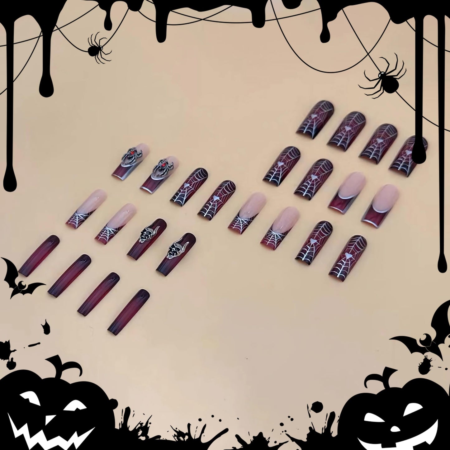 BABALAL Long Square Press on Nails - Goth Dark Black Red Metallic Spider Skull Charm Design Halloween Luxury Acrylic Nails Squoval 24Pcs