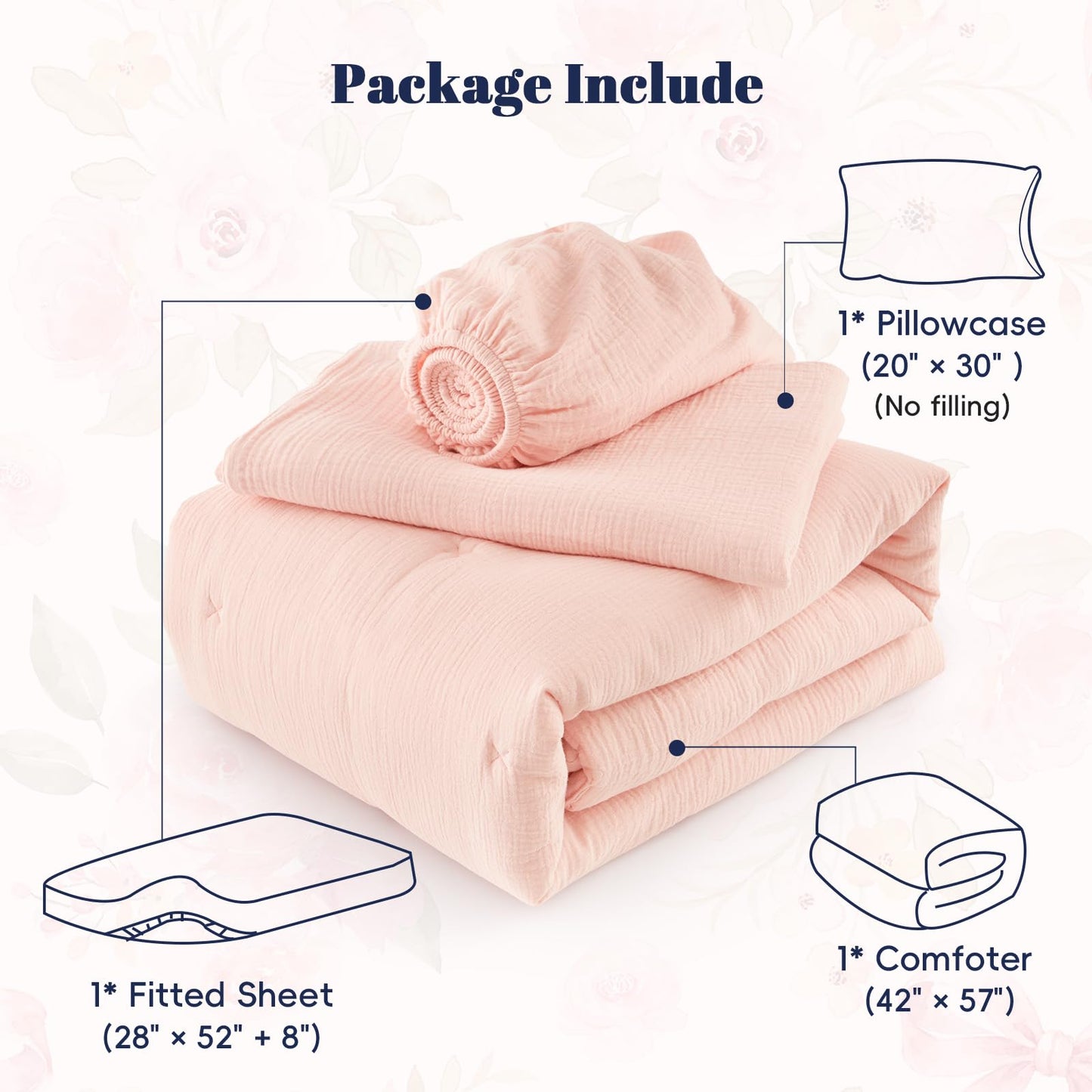 PHF Cotton Muslin Toddler Bedding Set, Soft 3 Piece Toddler Comforter Kids Bed Set, Cute Pink Bedding Set for Girls