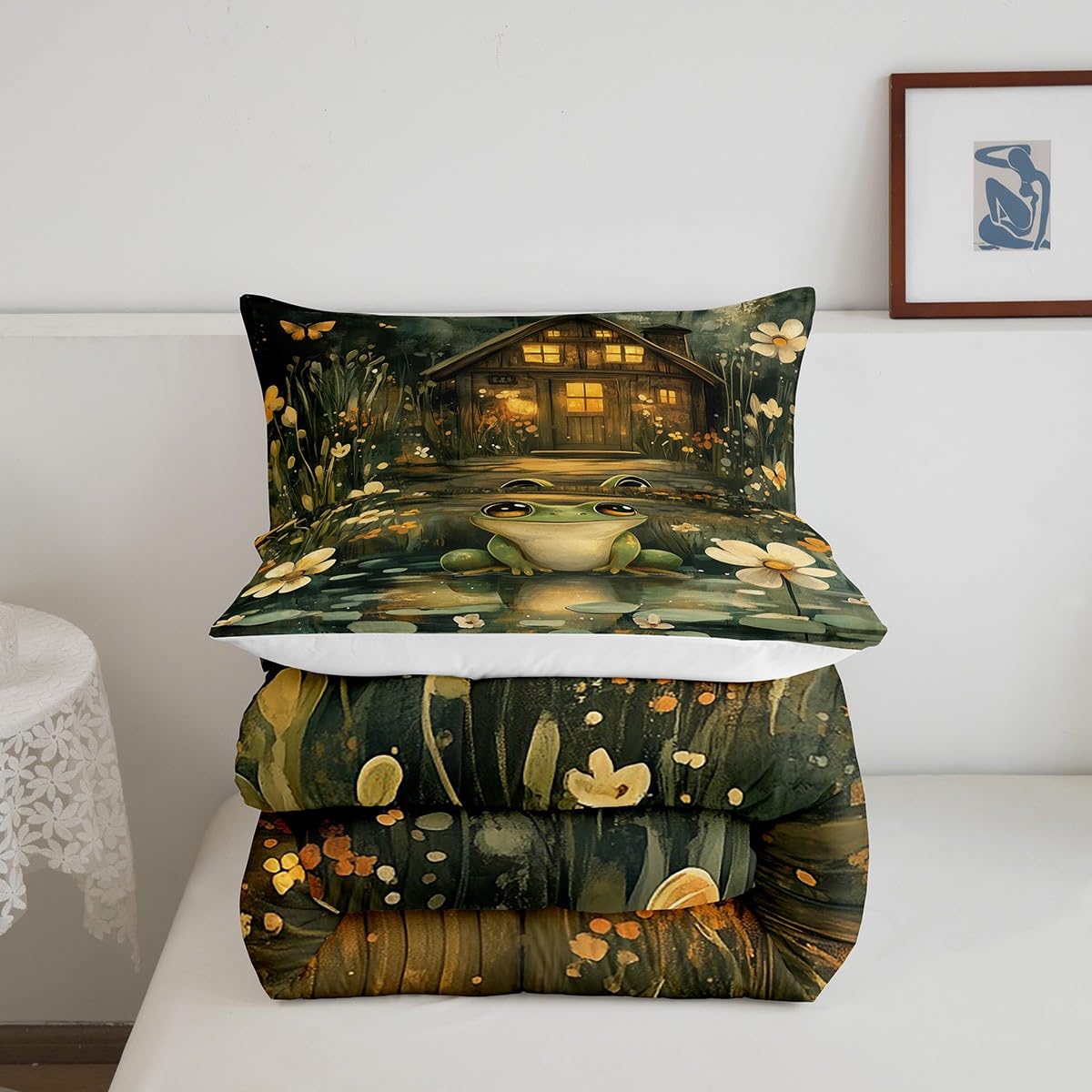 Manfei Cute Frog Kids Comforter Set,Jungle Lodge Wild Animal Dreamy Bedding Set All Season,Rustic Daisy Flowers Lake Lotus Leaves Starry Cabin Comforter 2 Pcs with 1 Pillowcase,Twin Size