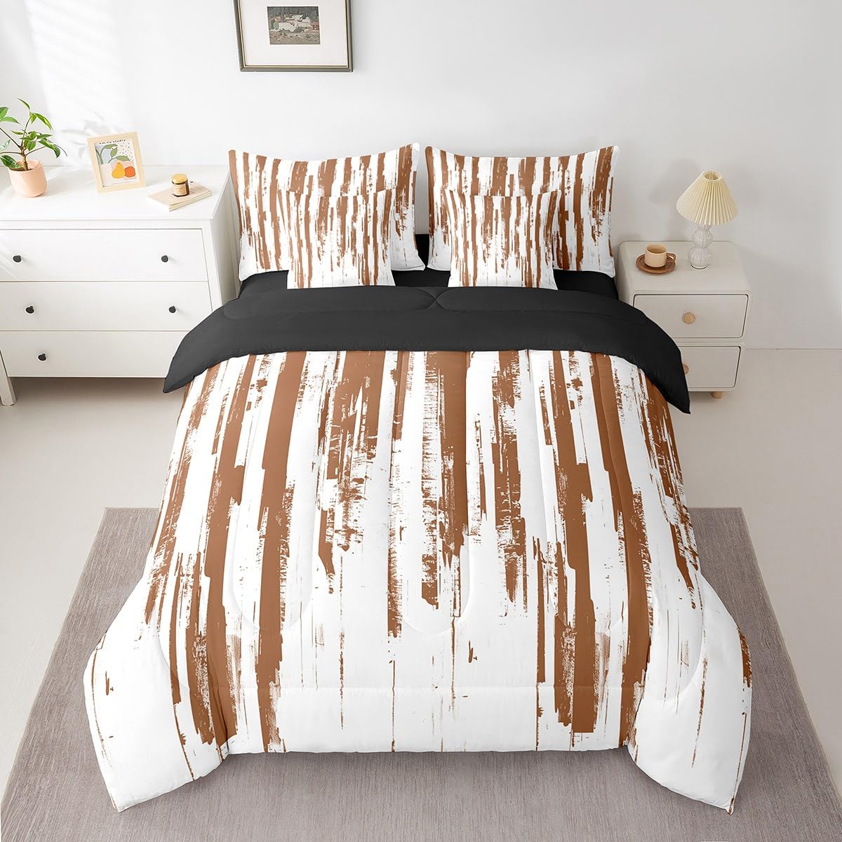 Erosebridal 7Pcs Brown and White Geometric Comforter Set King,Modern Abstract Striped Bedding with Bed Sheets,Boho Graffiti Watercolor Quilt Set for Women Men,Contemporary Aesthetic Art Bed in A Bag