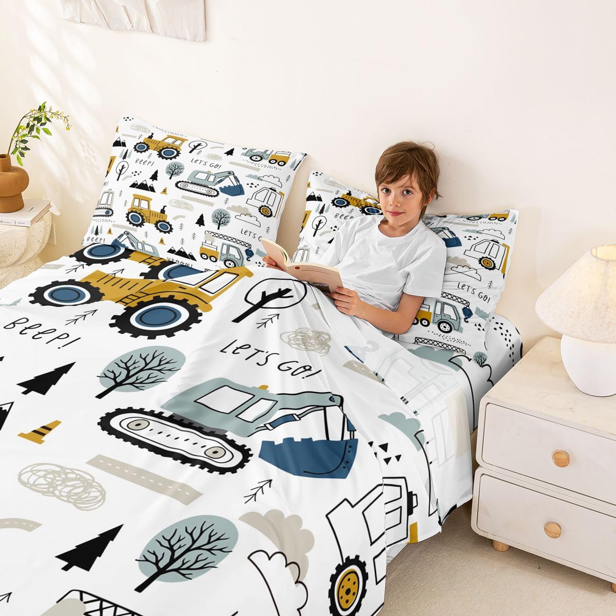 Cartoon Car Kids Sheet Set Construction Bed Sheets Set Decor Equipment Trucks Sheets with Deep Pocket Fitted Sheet Cartoon Car Excavator Tractor White Yellow Bedding Set Bedroom Quilt Cover 4Pcs Full