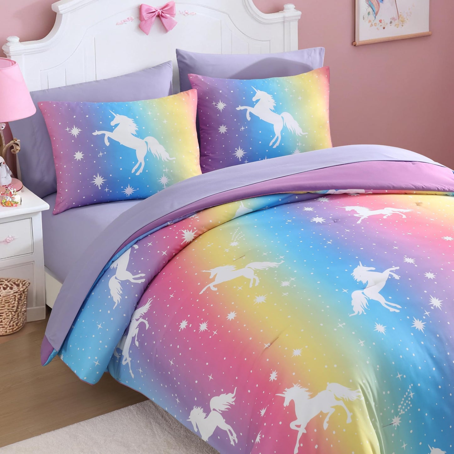 Kaleido Space Twin Comforter Set for Girls, Kids - 5 Pieces Rainbow Unicorn Patterns Twin Bedding Sets for Girls Teen, Soft Cozy Bed in A Bag with Sheets