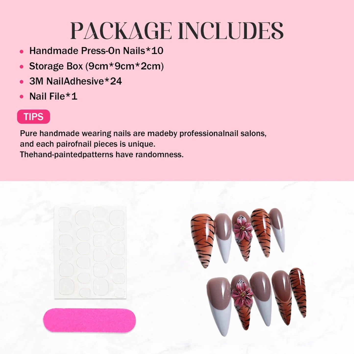 White French Tip Fake Nails Long Almond Handmade Press on Nails Leopard Full Cover False Nails with 3D Flower Designs 10Pcs Acrylic Nails Press Ons Luxury Reusable Stick on Nail for Women (Size M)