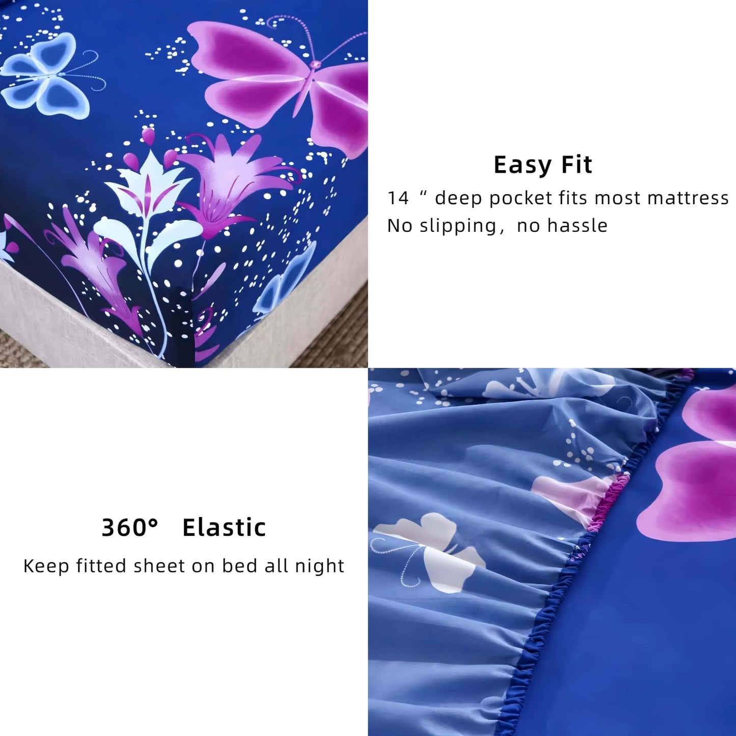 SDY 4 Pieces Butterfly Bedding Sheets Set Full Size Blue Vivid Butterflies Pattern Sheet Set with 1 Deep Pocket Fitted Sheet + 1 Top Flat Sheet + 2 Pillowcases for Kids Teens Adults (Butterfly,Full)