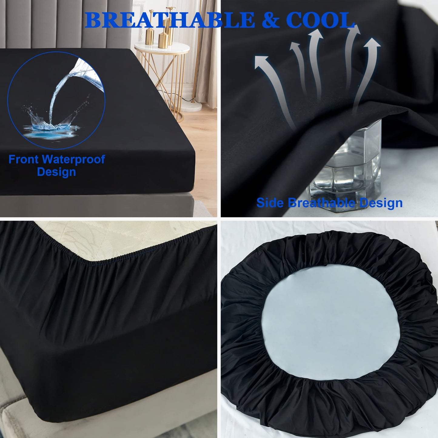 Sufdari Mattress Protector,Waterproof 18" Deep Pocket Mattress Cover Fitted Sheet Style with Elastic Rubber Band,Washable and Easy Care-Black,Queen