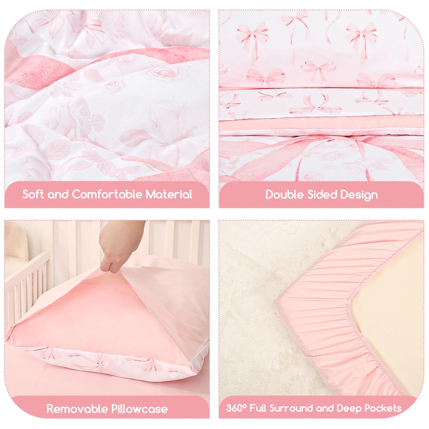 DAYEEBALL 4 Piece Toddler Bedding Set, Ultra Soft and Breathable Toddler Comforter Sets for GirlsIncludes Quilted Comforter, Fitted Sheet, Flat Sheet and Pillowcase, Pink Bow