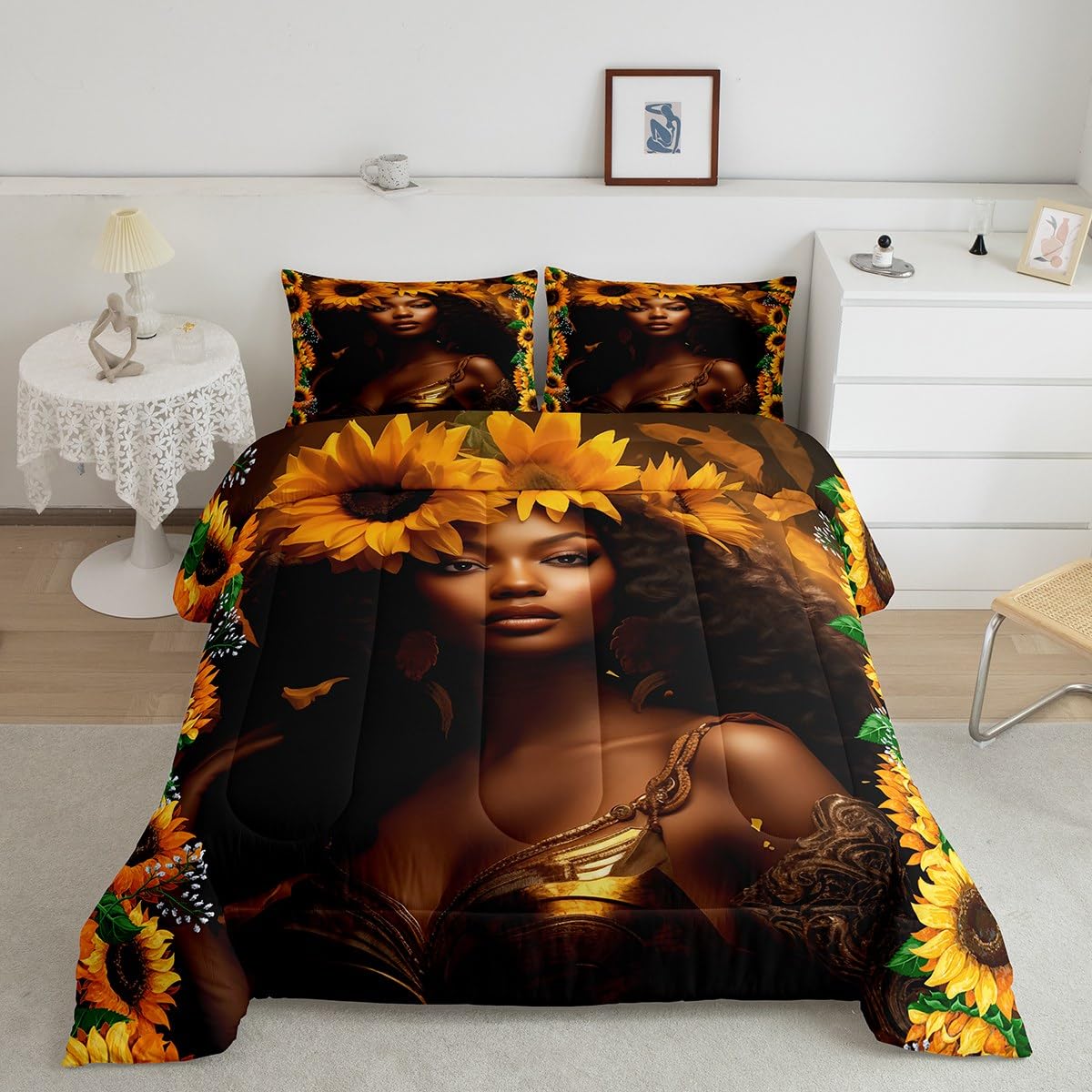 Homewish Black Woman Girls Comforter Set Queen Size,Romantic Sunflower Floral Bedding Set 3Pcs for Kids Teens Boys Adult Room Decor,Africa American Quilt Set Nature Exotic Duvet Insert,2 Pillowcases