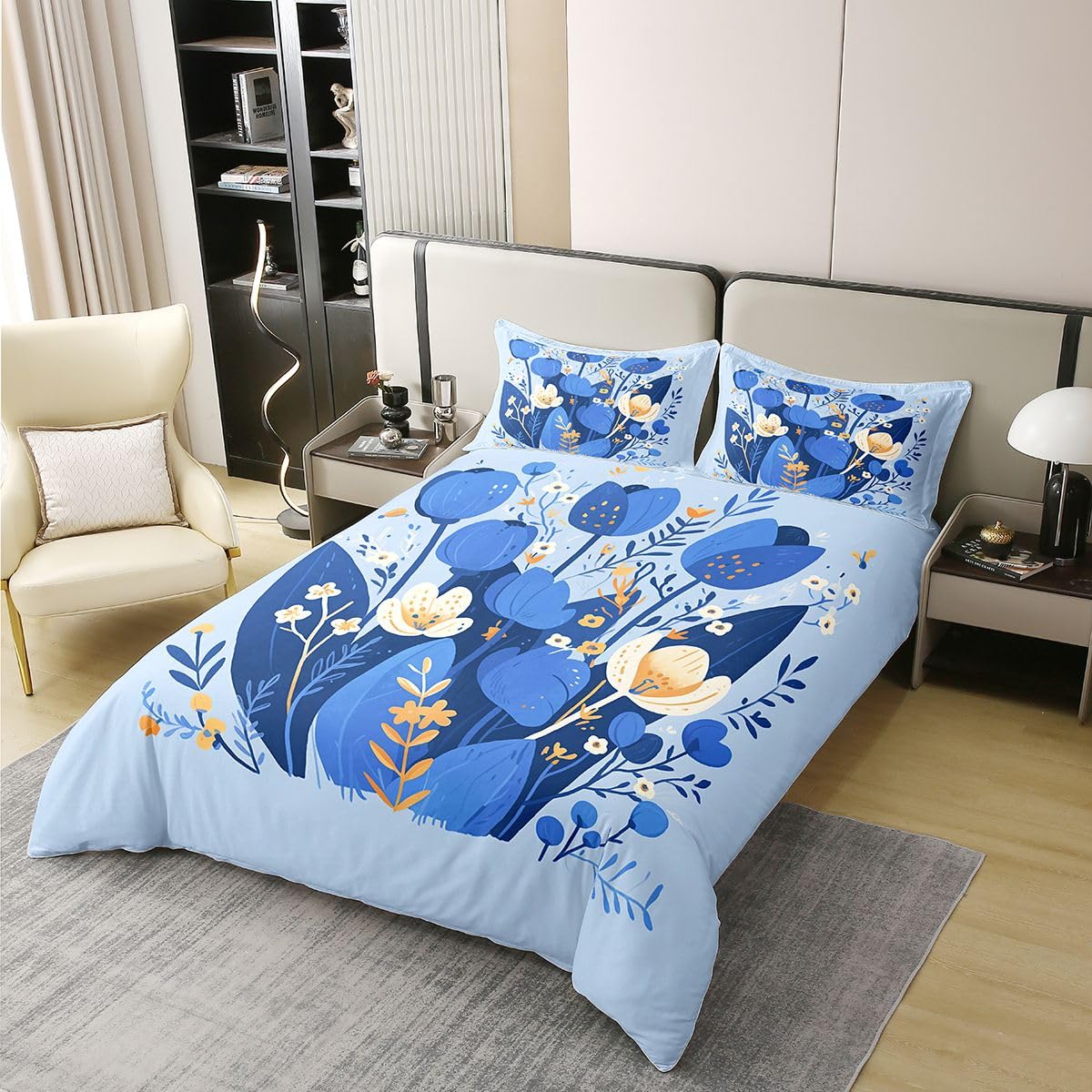 Erosebridal Spring Floral Bedding Set Full Blue Flowers 100% Cotton Duvet Cover Blue Botanical Garden Comforter Cover for Kids Girls Boys Adults Floral Branches Pastoral Bedclothes 3 Pcs