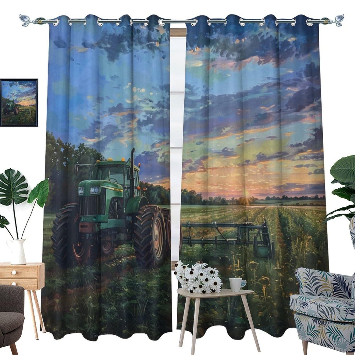 HDESDIS Tractor Rustic Field Curtains for Bedroom, Farmhouse Sunset Sky Grommet Blackout Curtains Thermal Insulated Window Drapes for Living Room, 21W x 45L, 2 Panels