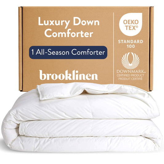 Brooklinen All-Season Canadian Down Comforter, Luxury Medium Warmth Duvet Insert, 100% Cotton Sateen Shell, Fluffy Year-Round Bedding, Baffle Box, Secure Duvet Loops - Full/Queen
