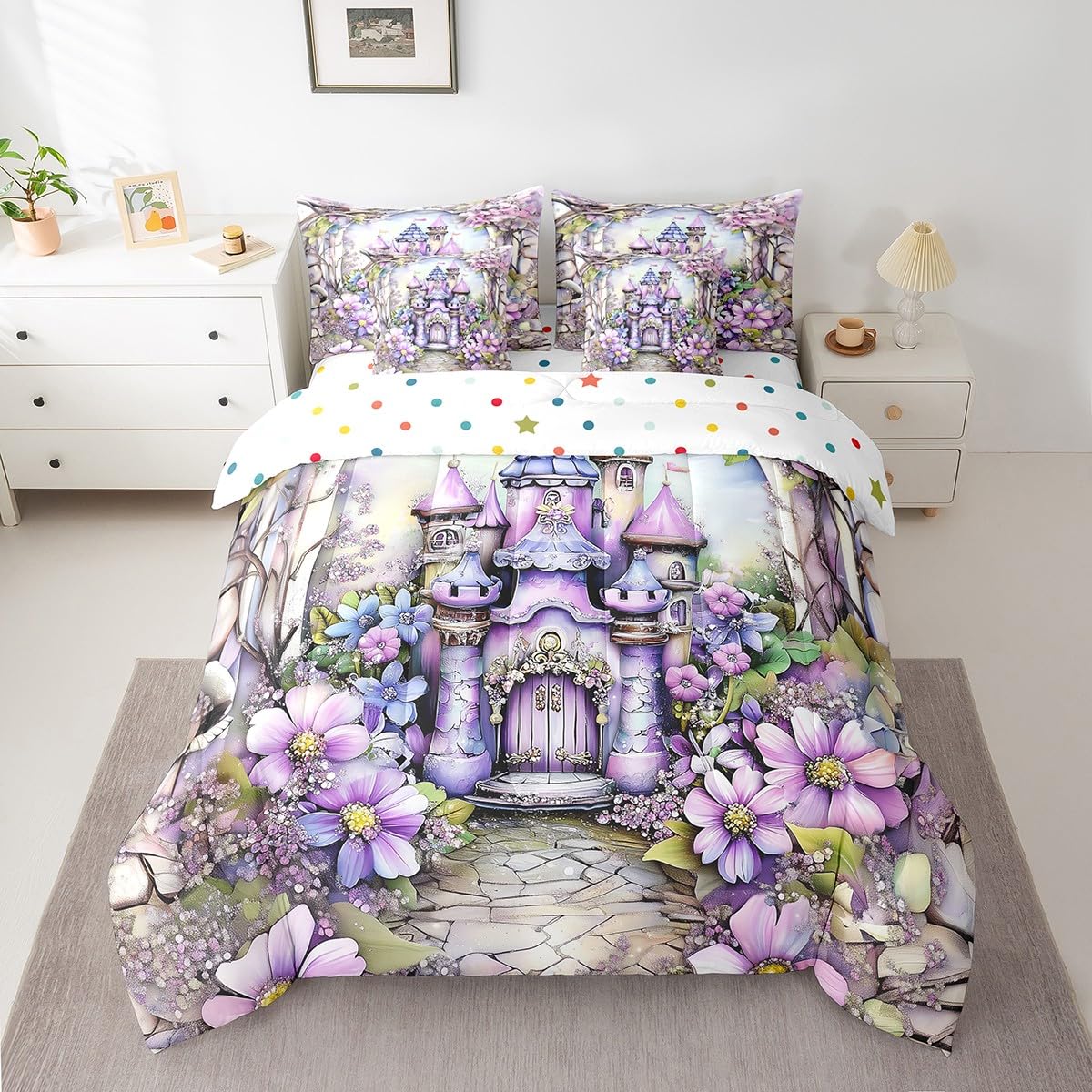 Feelyou Boys Girls Princess Bed in A Bag Queen Size, Dreamy Castle 7 Pieces Bedding Set Romantic Comforter Set with Sheets Kids Floral Flower Teens Bed Set Bedroom Decor 7Pcs