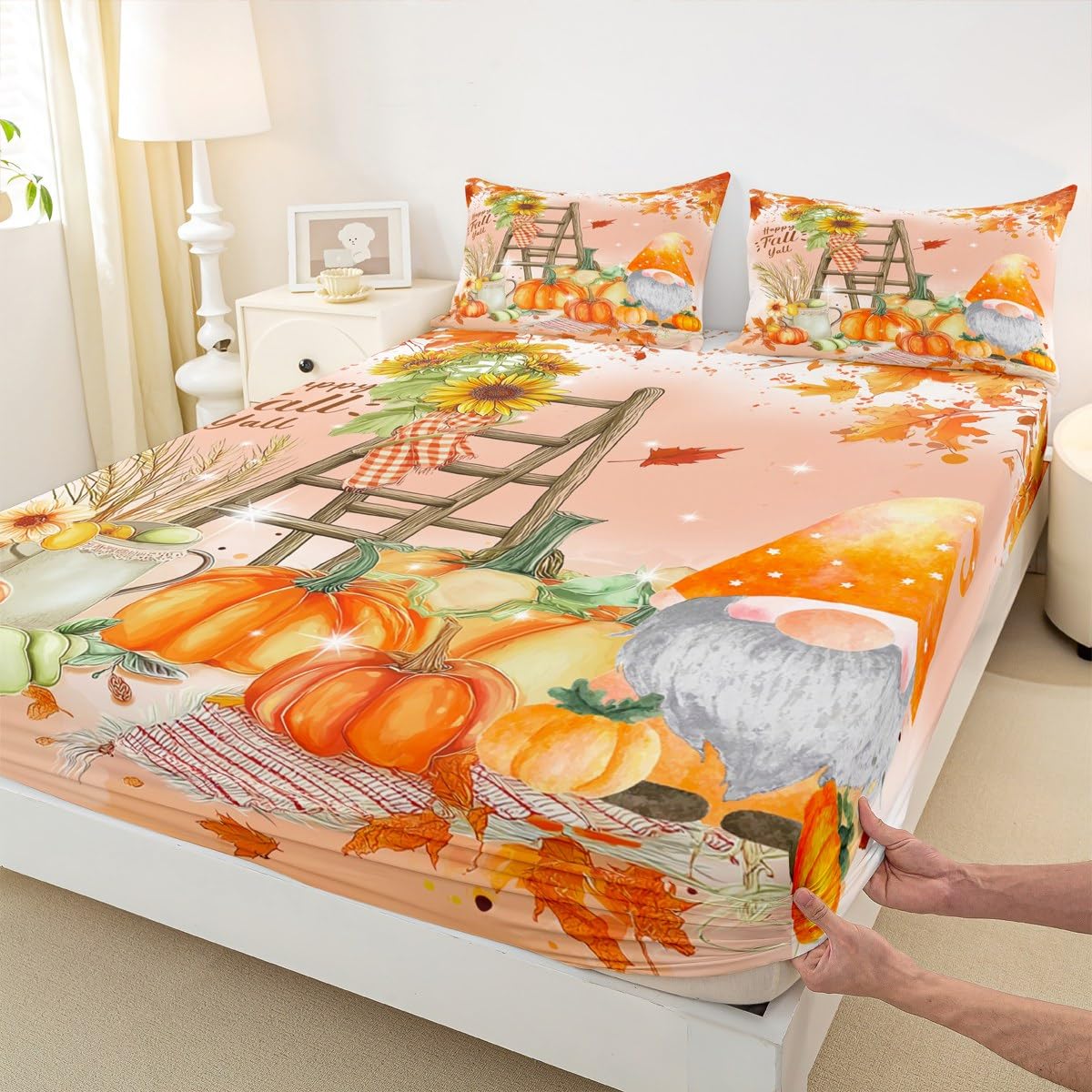 Happy Fall Gnomes Bedding,Thanksgiving Pumpkin Bed Sheets Queen Fall Home Room Decor,Autumn Natural Harvest Season Fitted Sheet + Flat Sheet + 2 Pillow Cases,Rustic Maple Leaf Sunflower Sheet Set