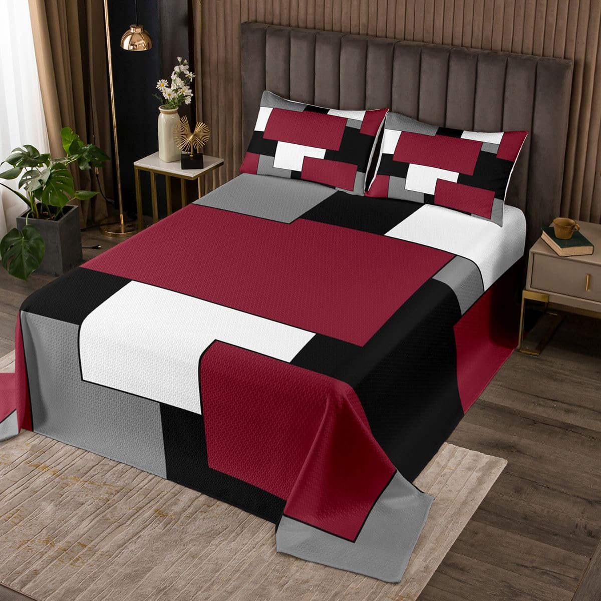 jejeloiu Red White Geometric Grid Bedspread King Size Aesthetics Art Coverlet Set Modern Abstract Quilted Coverlet for All Season with 2 Pillowcases Microfiber Lightweight