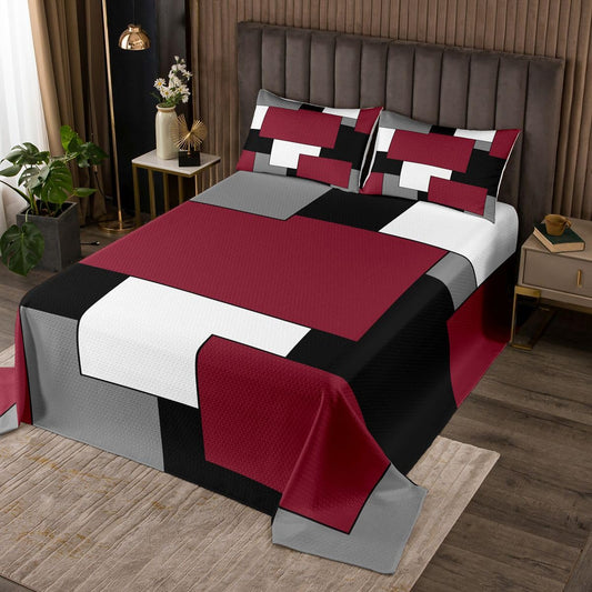 jejeloiu Red White Geometric Grid Bedspread King Size Aesthetics Art Coverlet Set Modern Abstract Quilted Coverlet for All Season with 2 Pillowcases Microfiber Lightweight