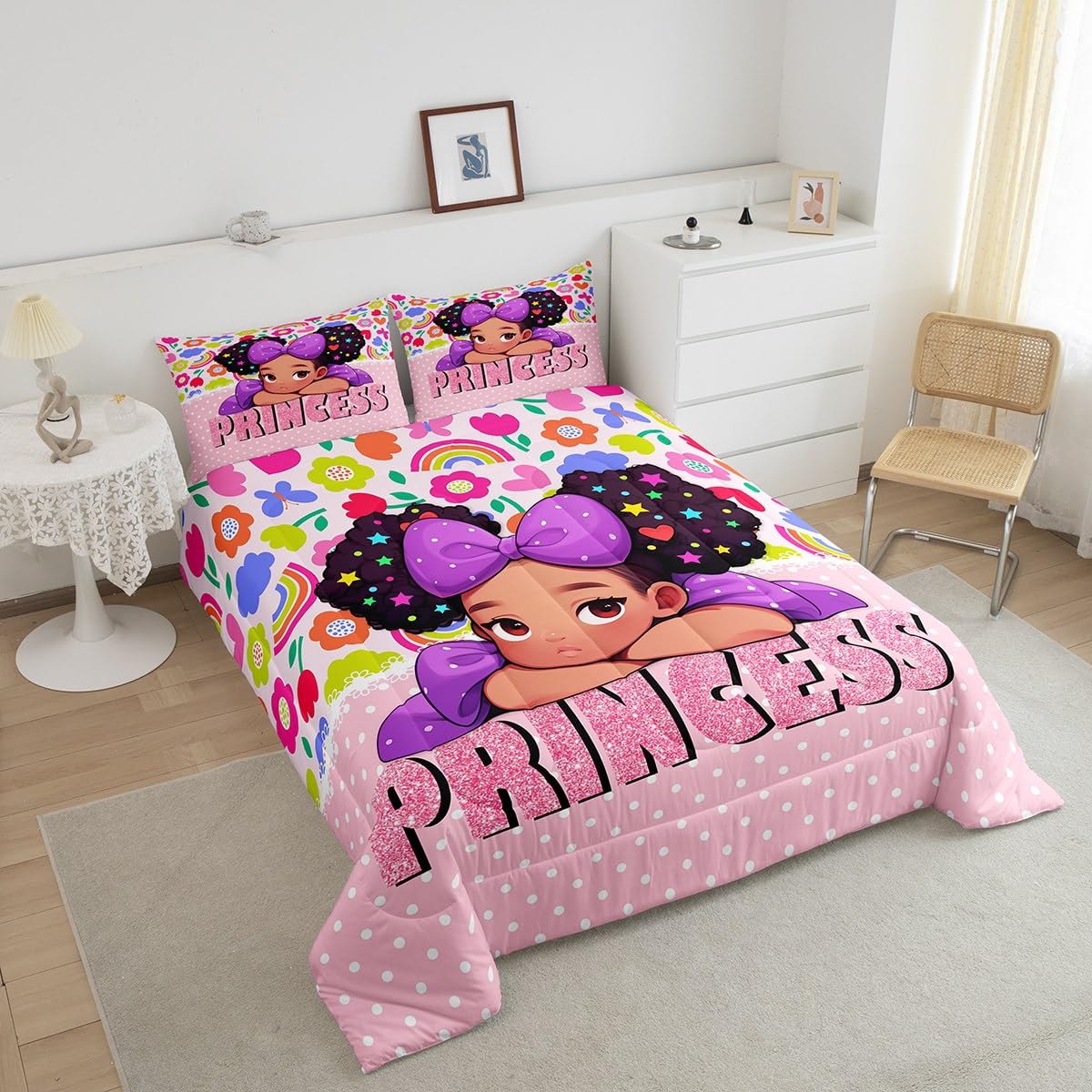 Castle Fairy African American Black Girl Comforter Set Twin Size,Pink Black Princess Girls Bedding Set,Cute Glitter Kids Quilt Set Teens Flower Star Colorful Dots Reversible Print Duvet Insert 2Pcs