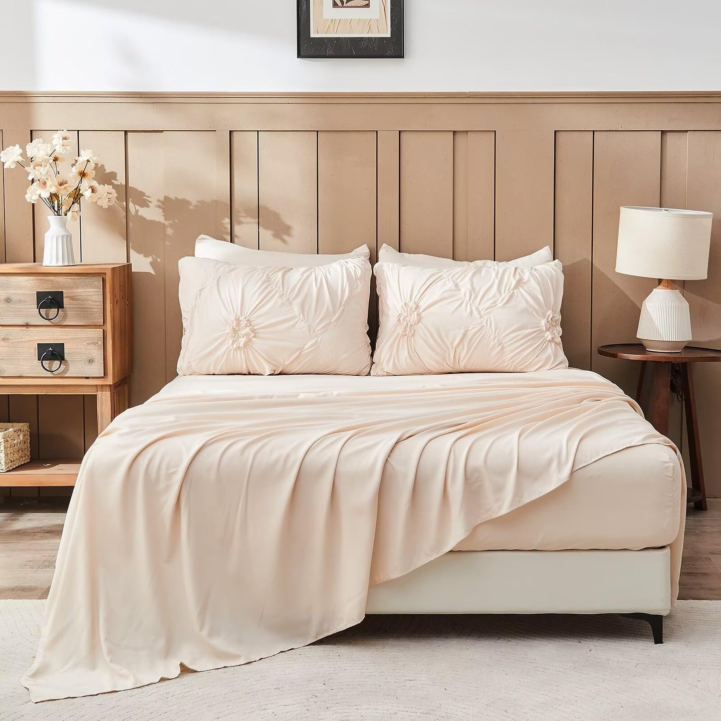 Jameswish Beige Comforter Set Queen Size Bed in A Bag 7 Piece Pinch Pleat Bedding Set, Pintuck Ruched Flowers Bed Set with Comforter, Sheets, Pillowcases & Shams
