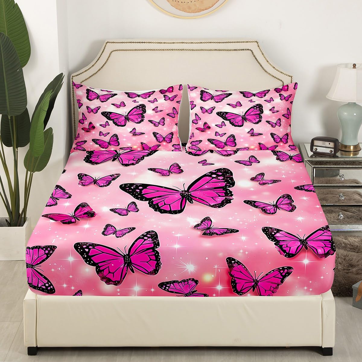 Feelyou Boys Girls Butterfly Bed Sheet Set Full Size, Valentine's Day Bedding Set Glitter Fitted Sheet Kids Romantic Teens Bed Cover Bedroom Decor Bed Set 3Pcs (No Flat Sheet)