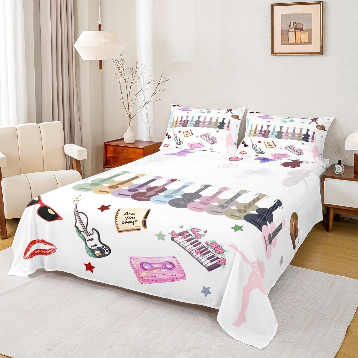 Erosebridal Music Lovers Bed Sheets Set King Music Theme Sheet Set Singer Fans White Sheets Fashion Birthday Valentines Day Gift Flat Fitted Sheet