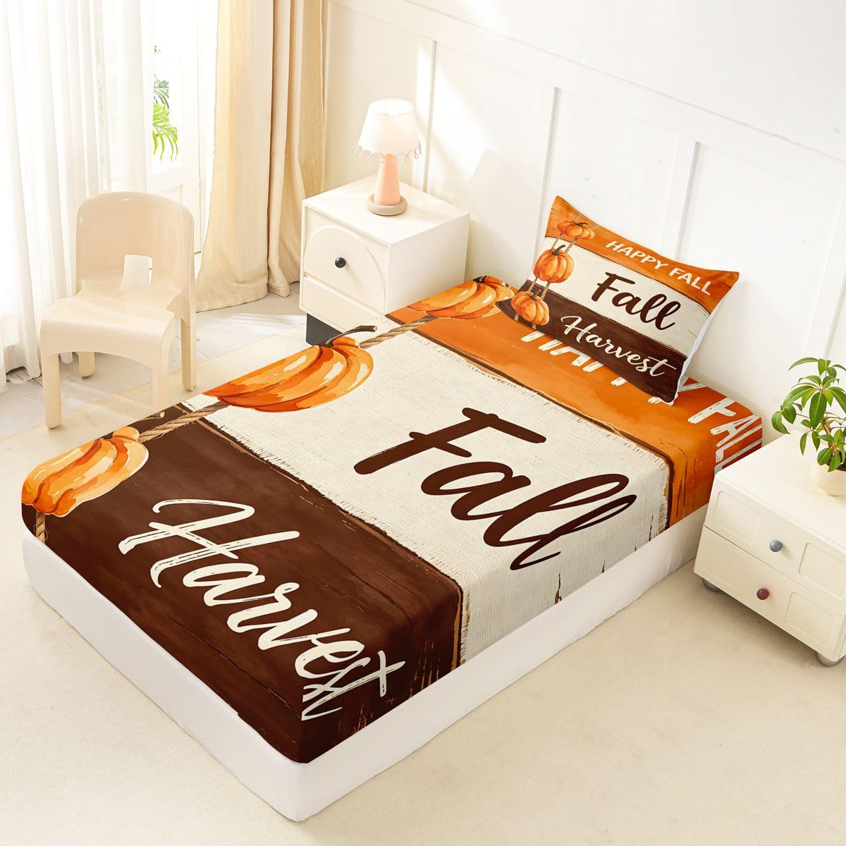 Erosebridal Fall Harvest Bed Sheets Twin Size Rope Hanging Pumpkin Sheet Set Rustic Wooden Art Bedding Set Minimalist Autumn Sheets