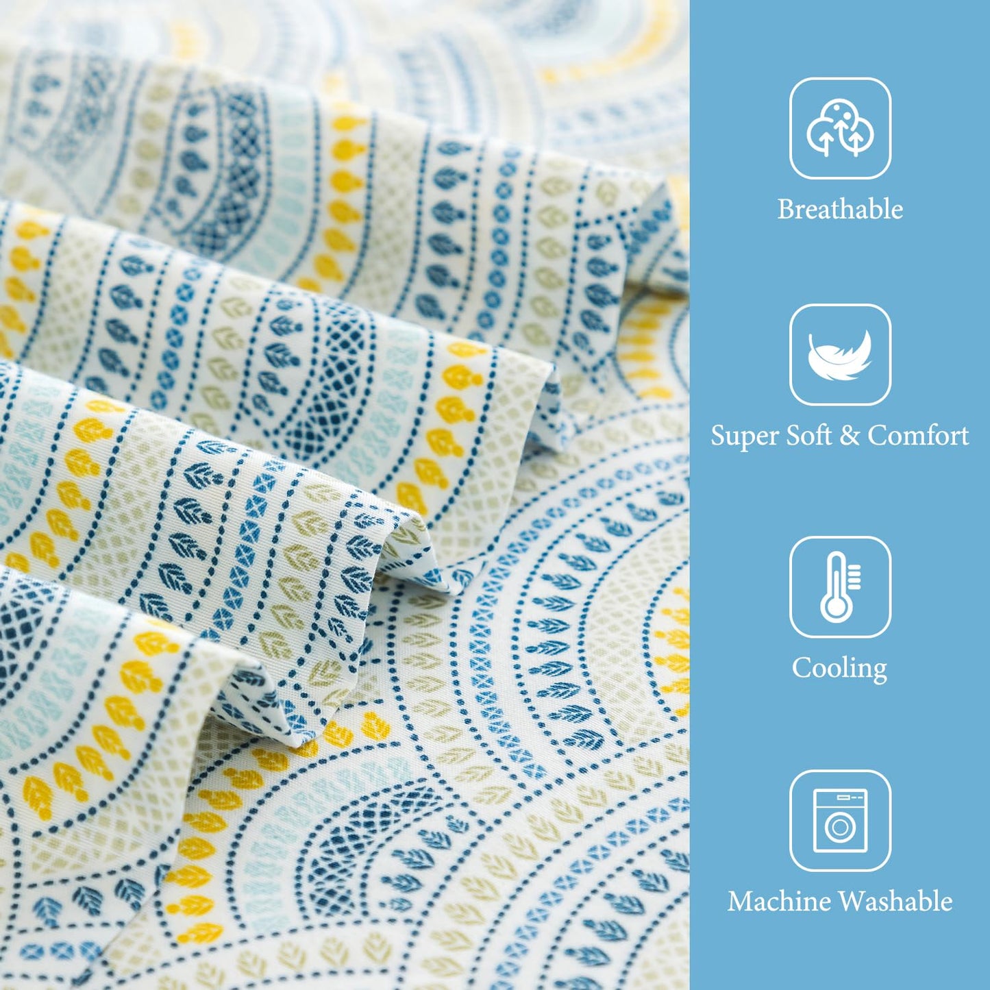 KACEMOO Queen Bed Sheet Set, 4PC Boho Sheets Queen Pattern Blue Floral Bed Sheet Cooling Soft 17”Deep Pocket Microfiber Brushed Sheet, Easy Care, Breathable, Wrinkle Free, Machine Washable Bed Set
