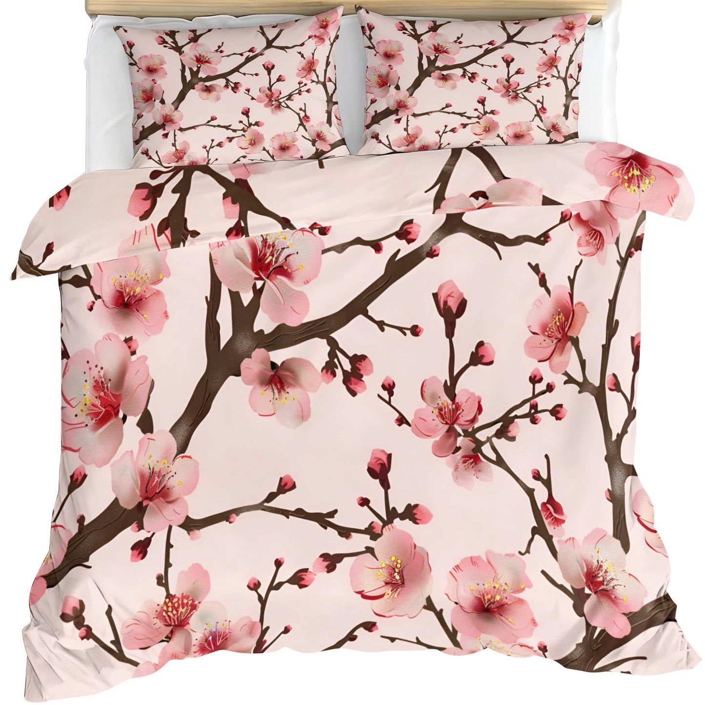 QINYUN Pink Floral Comforter Set Oversized King, Cherry Blossoms Bedding Set 3 Piece, Cherry Blossoms Comforter Cover and 2 Pillow Sham with Zipper Closure