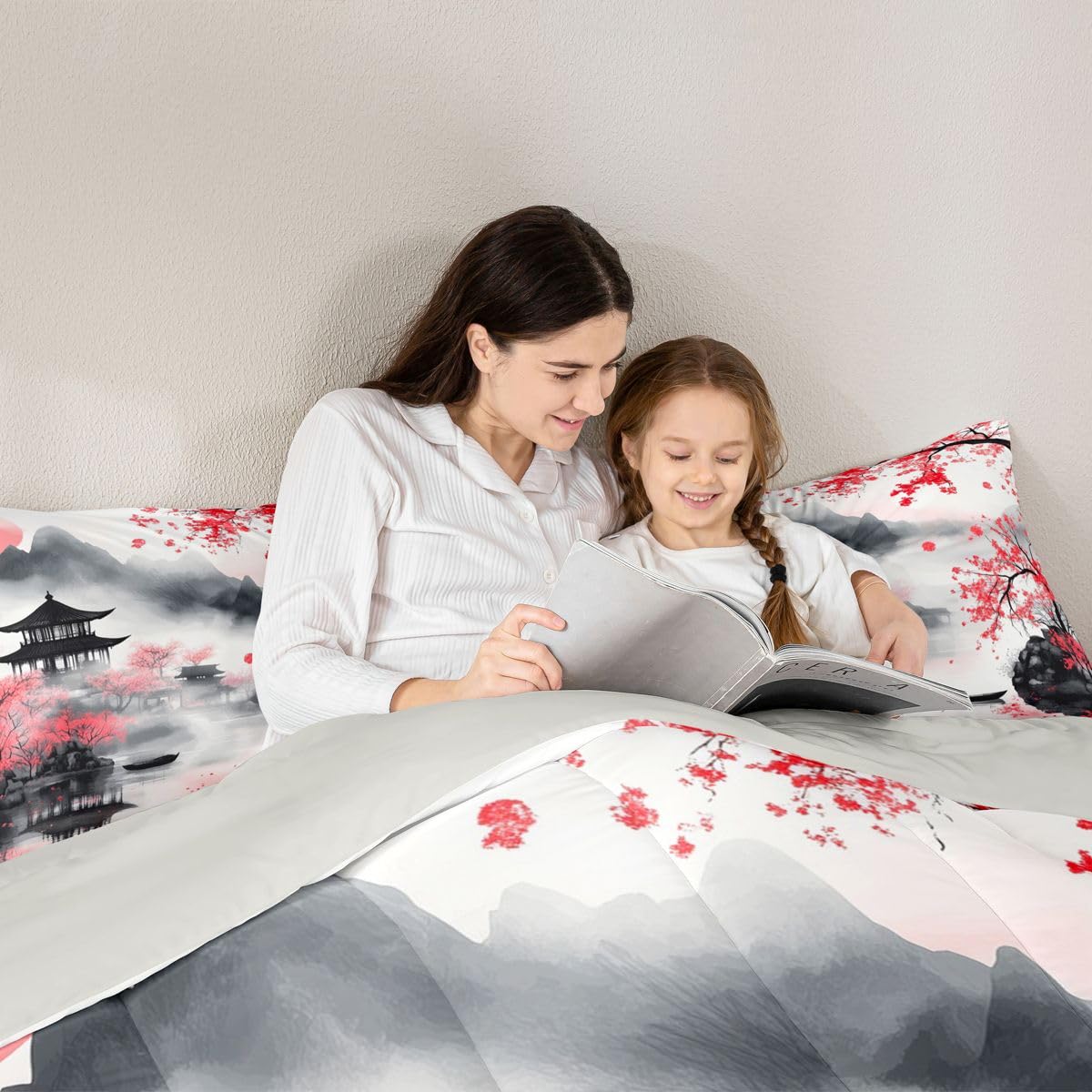 jejeloiu Chinese Ink Painting Bedding Set Soft for Boys Girls, Cherry Blossom Comforter Set Queen Size Mountain Duvet Quilt Microfiber Japanese Style Bedroom Decor 3 Pcs with 2 Pillow Cases