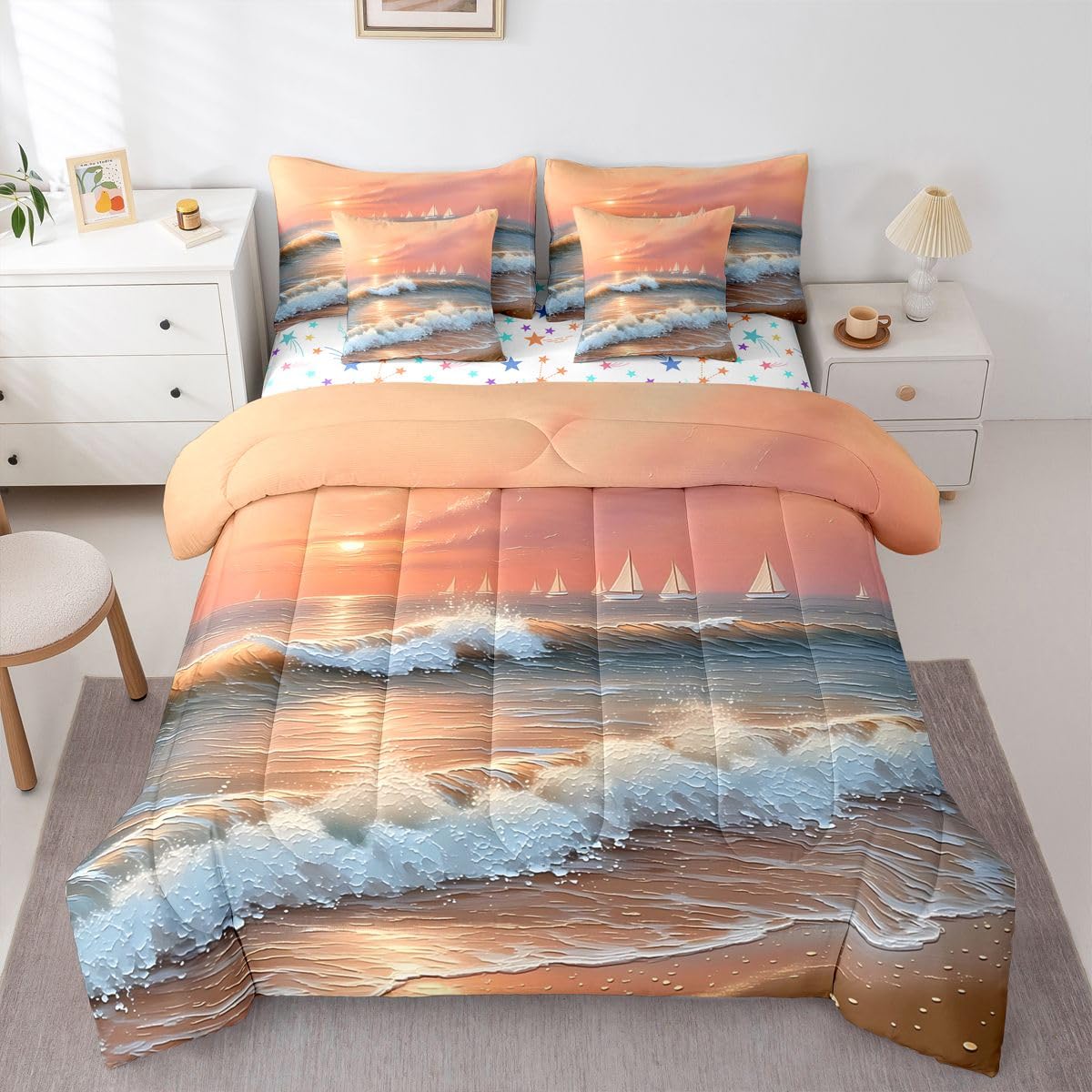 Erosebridal Ocean Sunset Sailboat Queen Bedding Set Pastel Coastal Comforter Set Kids Adults Wave Sand Tropical Summer 7-Piece Bed in a Bag Soft Watercolor Beach Nautical Quilt Sets