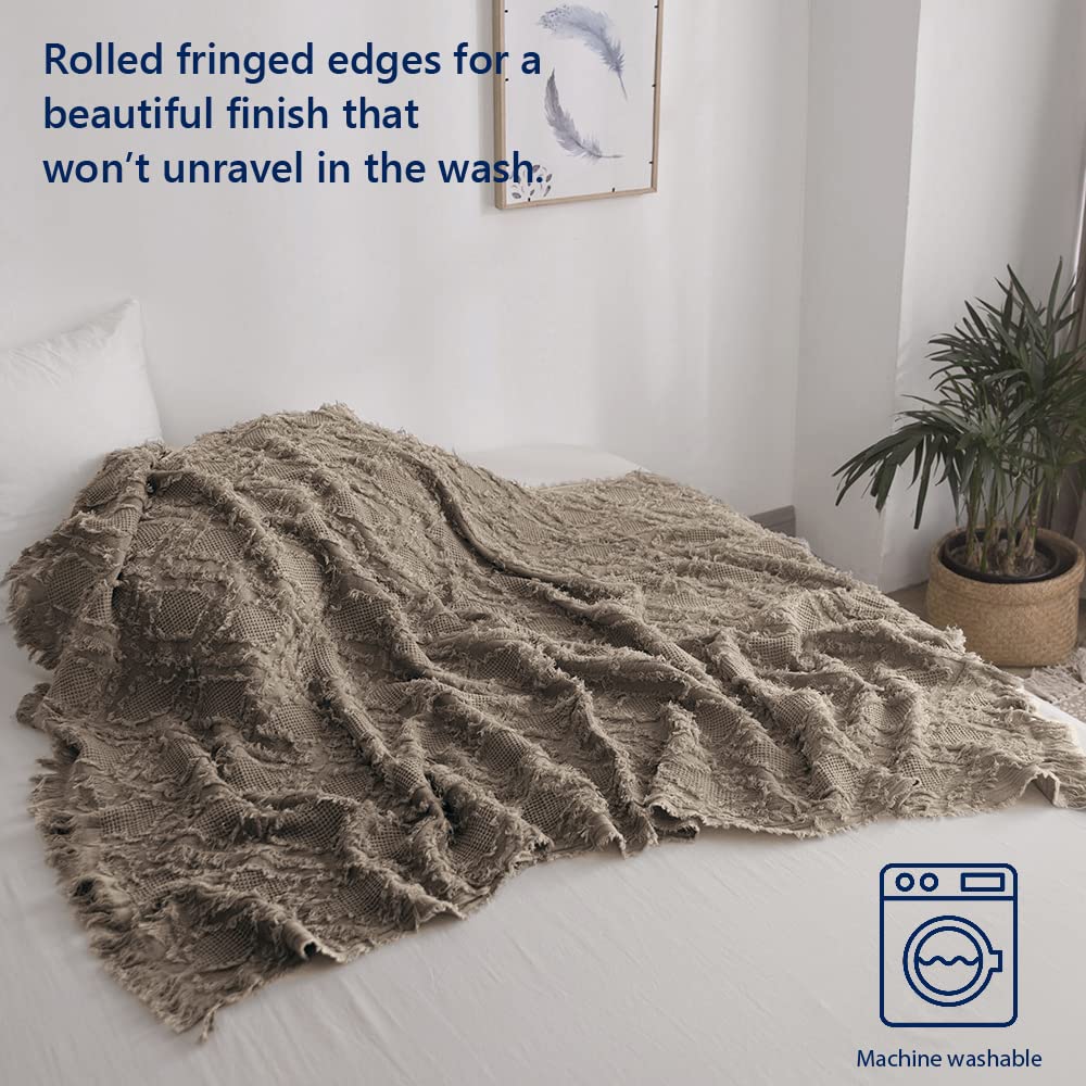 Simple&Opulence 100% Cotton Throw Blanket for Bed, Couch, Boho Textured Geometric Knit Woven Blanket with Tassels Soft, Lightweight Breathable Shabby Chic Farmhouse Decoration for All-Season(Brown)