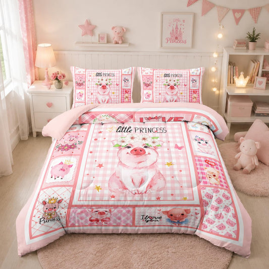 Nttopship Pink Pig Comforter Set Twin Size for Adults 3Pcs,Cartoon Pig Bedding Soft Warm Comforer for All Season Room Decor with 1 Comforter and 2 Pillow Case