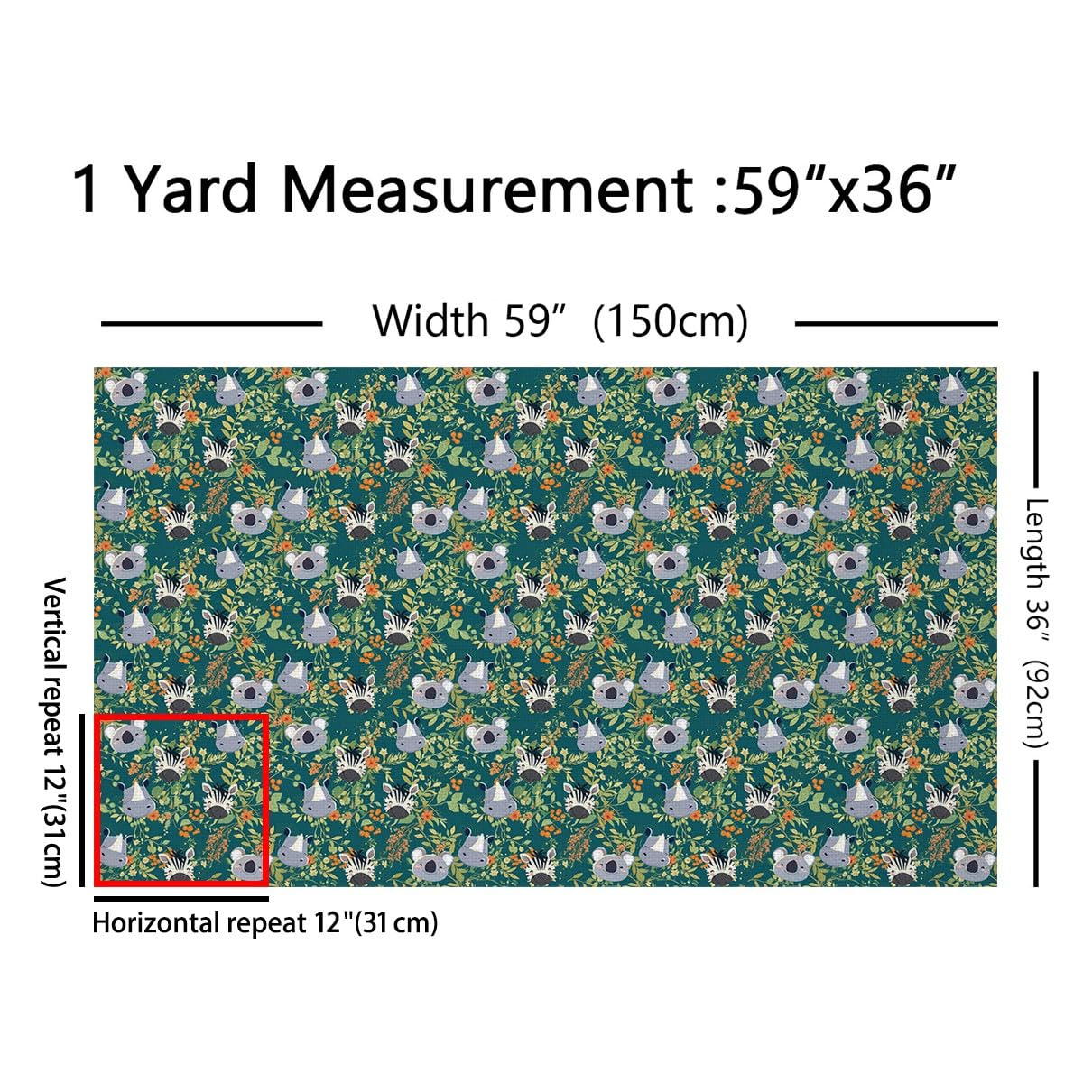 Cartoon Animals Fabric by The Yard Cute Zebra Koala Hippo Wildlife No Stretch Sewing Fabric Watercolor Green Leaves Jungle Soft Flannel Polyester Fabric for Home DIY Projects 1 Yard Pre-Cut,36"x59"