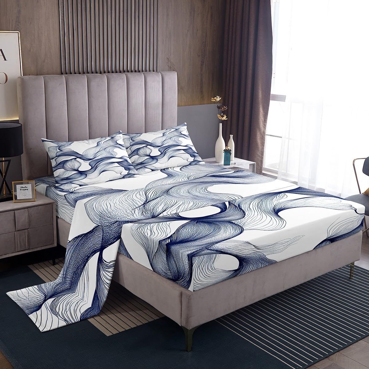 Feelyou Stripes Bed Sheets Set Modern Striped Art Sheet Set for Kids Boys Girls Teens Abstract Texture Printed Sheets with Deep Pocket Fitted Sheet Queen Size Luxury Texture Bedding Set 4Pcs
