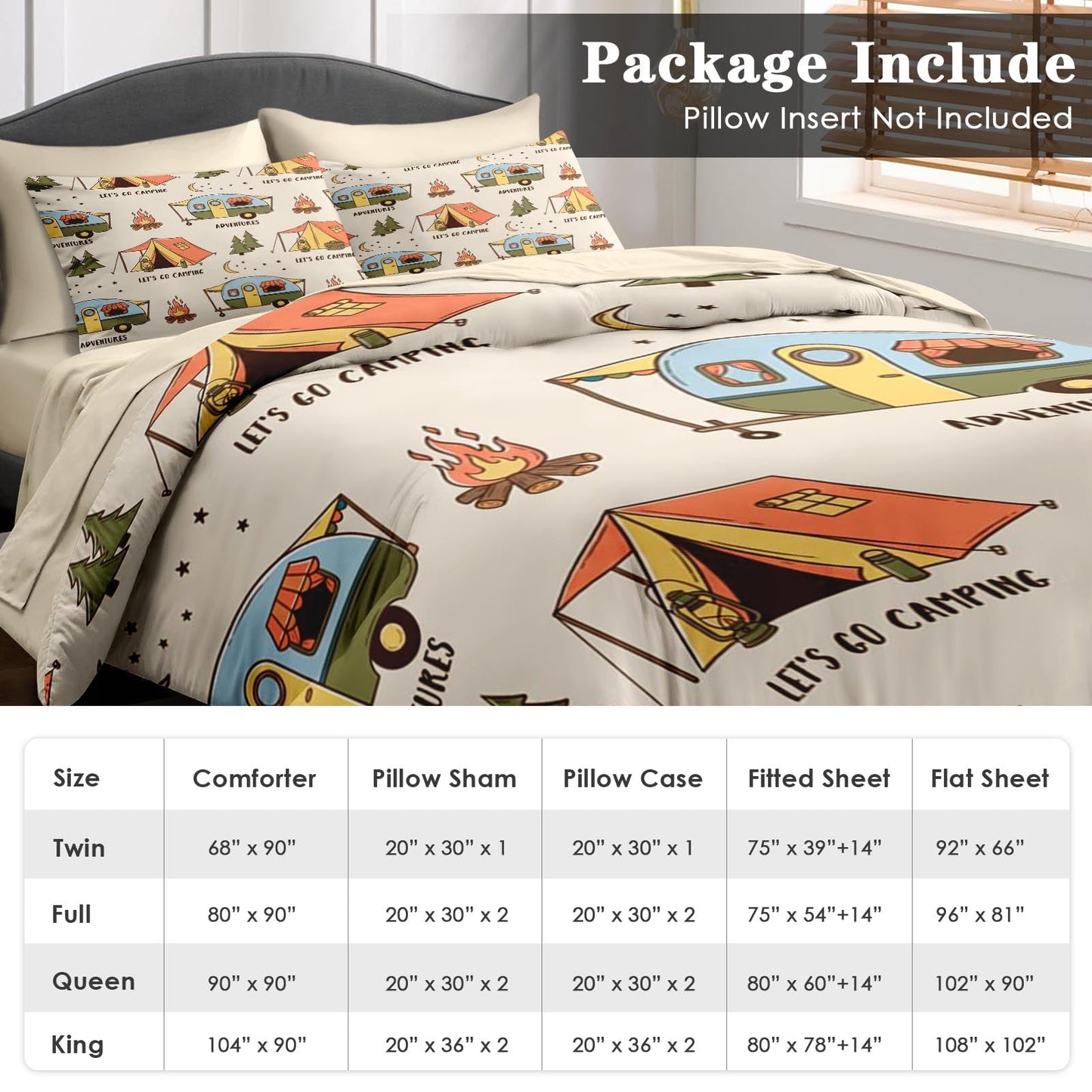 Pamnest Comforter Set Queen Size, Summer Camp RV 7 Pcs Bedding for Kids and Adults, Camping Adventure Bed Sheet Sets with Fitted Sheet 2 Pillowcases & 2 Shams for Bedroom Bed Decor