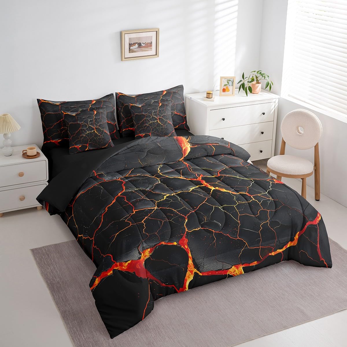 Erosebridal Lightning Comforter Sets with Sheets - Black Marble Print Bedding Set Queen for Boys Girls Orange Lava Theme 7Pcs Bed in A Bag Modern Abstract Bed Set