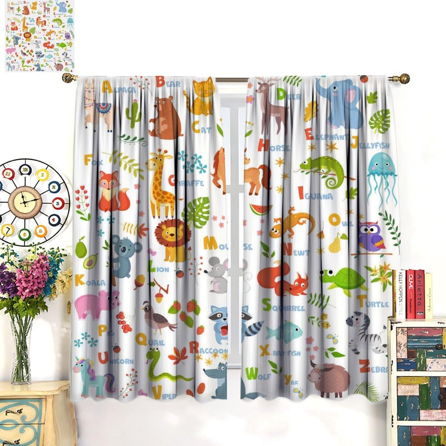 Learning Education ABC Curtains for Kids,Cartoon Watercolour Animals Plants Flowers Toddlers Alphabet Learning Plants Fruits Window Drapes for Boys Girls Baby Nursery Bedroom 42x45in（No Blackout）