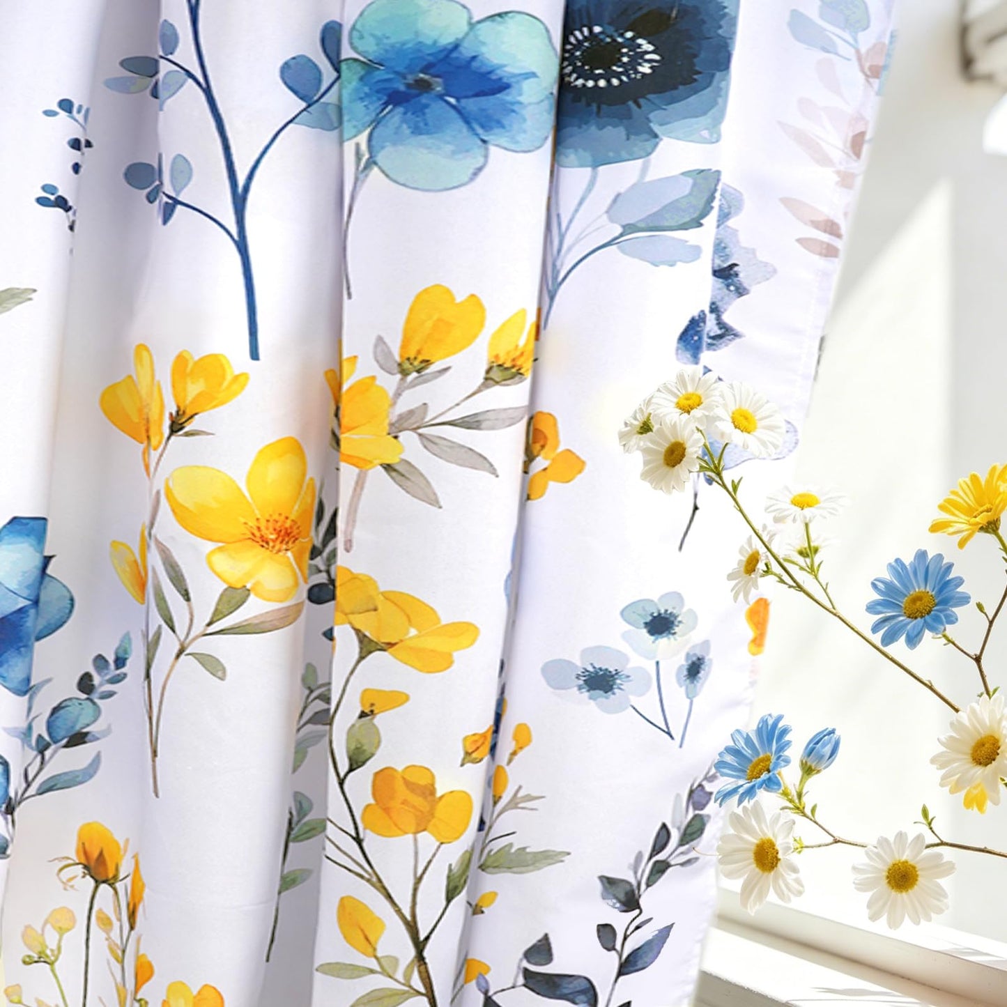 WTQPLNMCB Floral Curtains 84 inch Curtains 2 Panel Set for Living Room Yellow and Blue Darkening Light Blocking Drapes Grommet for Bedroom Bathroom