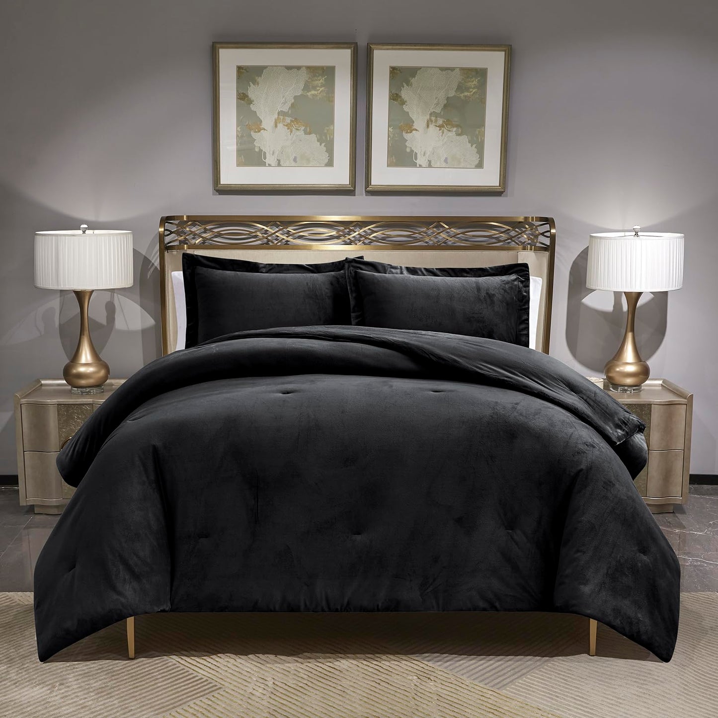HUMESIIL Poly Plush Comforter Set, Poly Plush Fabric for Both Front and Reverse, with Downalternative Fill, 3 Pieces Queen 92"x96", Black