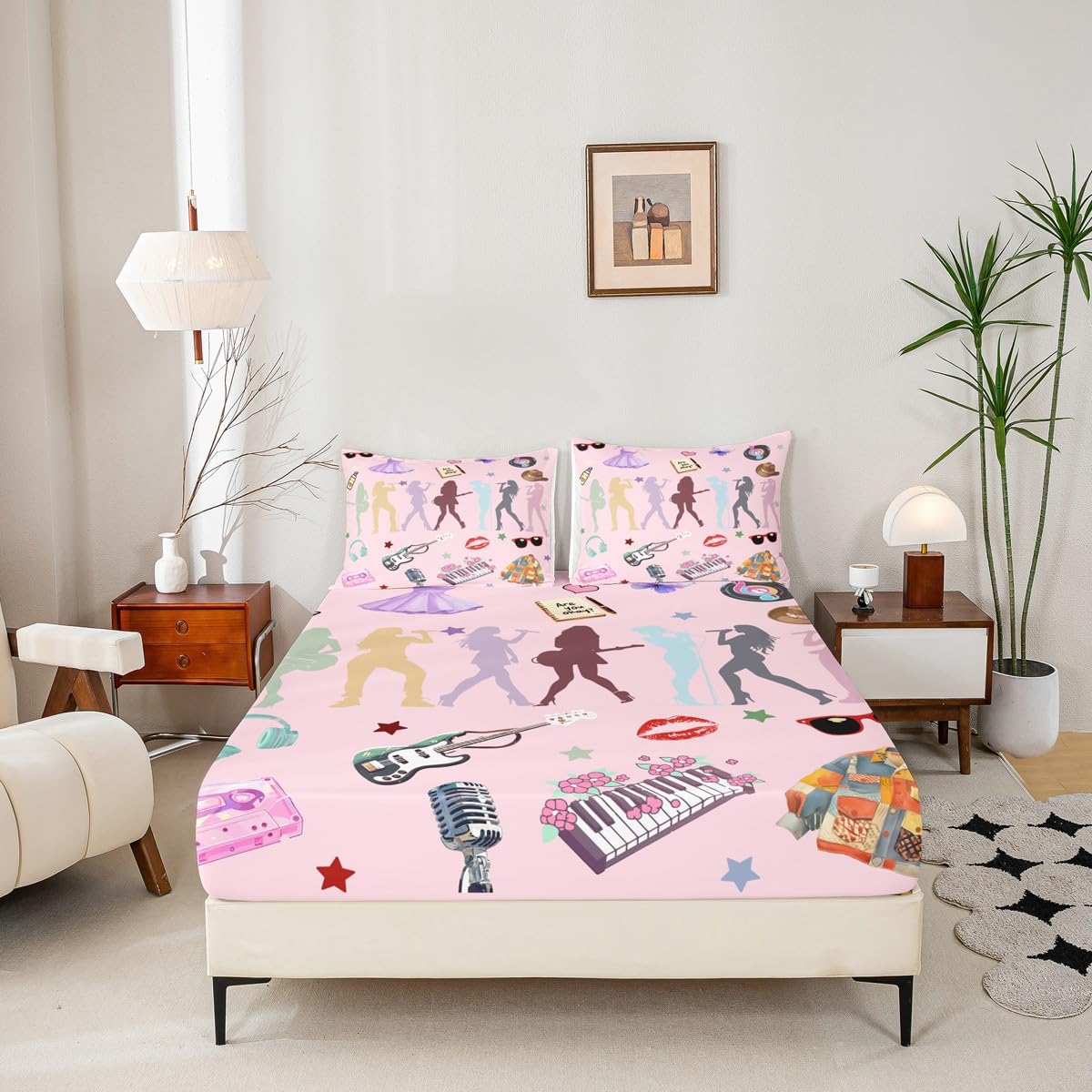 Erosebridal Pink Music Themed Bed Sheets King Girly Guitar Keyboard Sheet Set for Kids Boys Girls Disco Ball Snake Floral Sheets for Music Lovers Stylish and Modern Gifts Fitted Flat Sheets 4 Piece