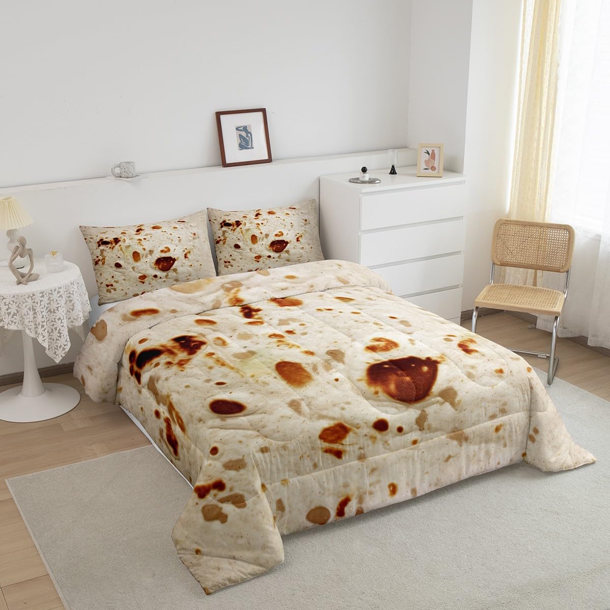 Feelyou Burritos Tortilla Bedding Set for Adult and Kids Ultra Soft Giant Funny Realistic Food Comforter Set Set Breathable Novelty Soft Flannel Taco Comforter King Size Quilted