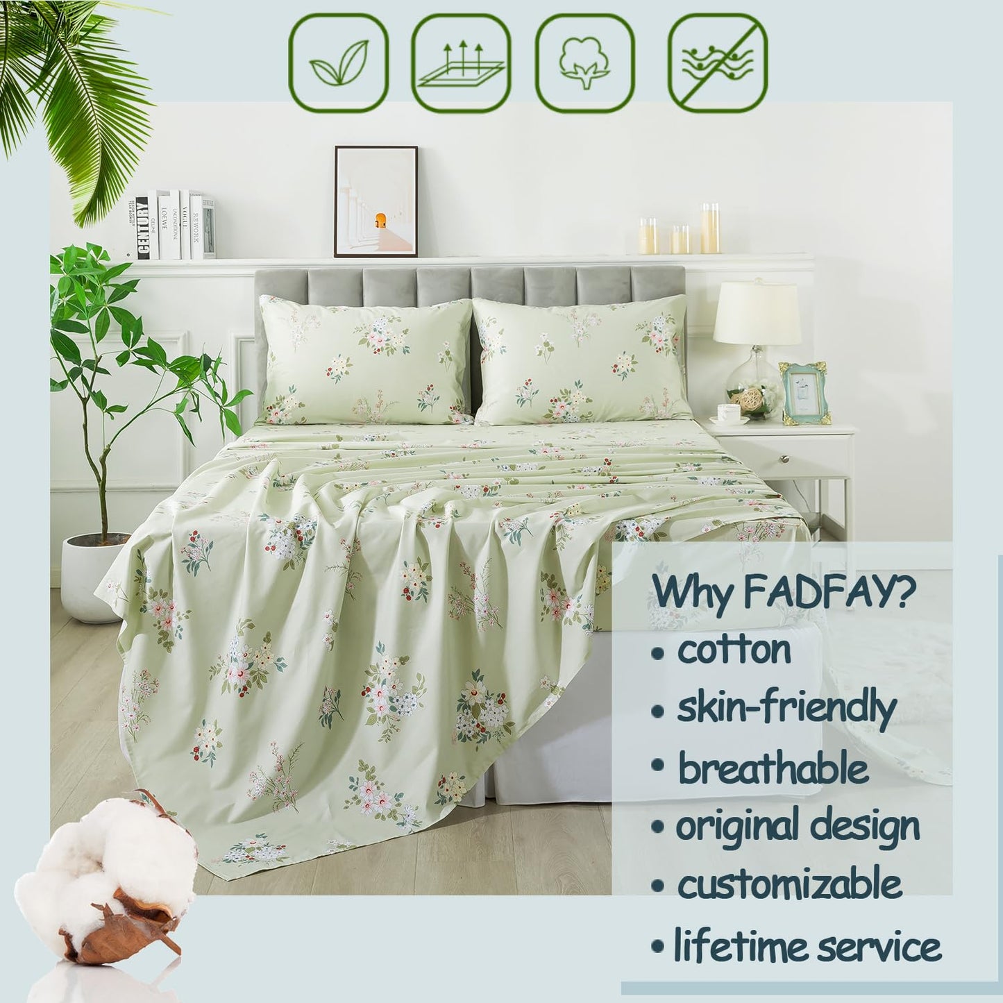 FADFAY Queen Sheet Set Floral Bed Sheets Percale Cotton Botanical Deep Pocket Sheets Sage Green Flower Printed Luxury Bedding Super Soft Breathable for Queen Size Bed 4 Pcs