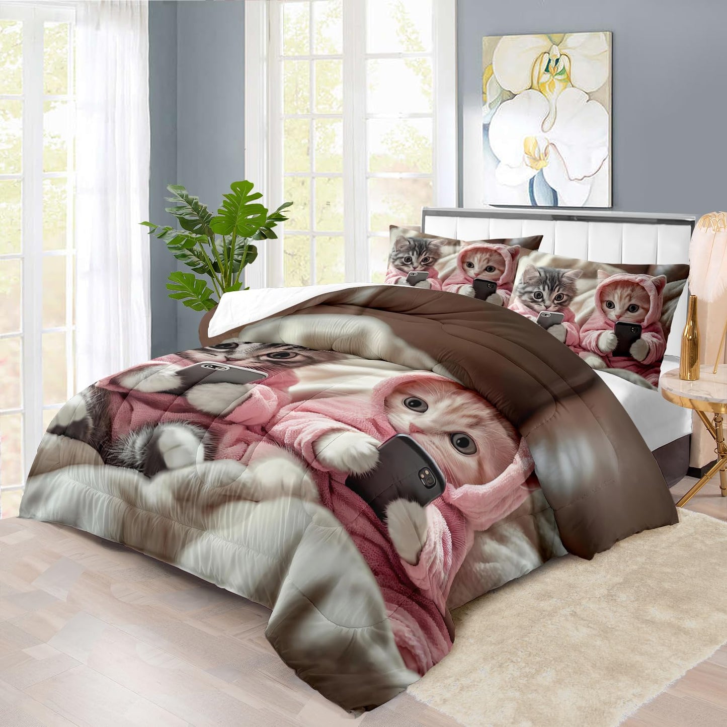llyxsesty Cute Cat Comforter Set Queen for Kids Kawaii Cat Bedding Set Girls Kawaii Animal Comforter Queen Quilt Cute Pet Bedroom Decor Animal Bedding Home Decor