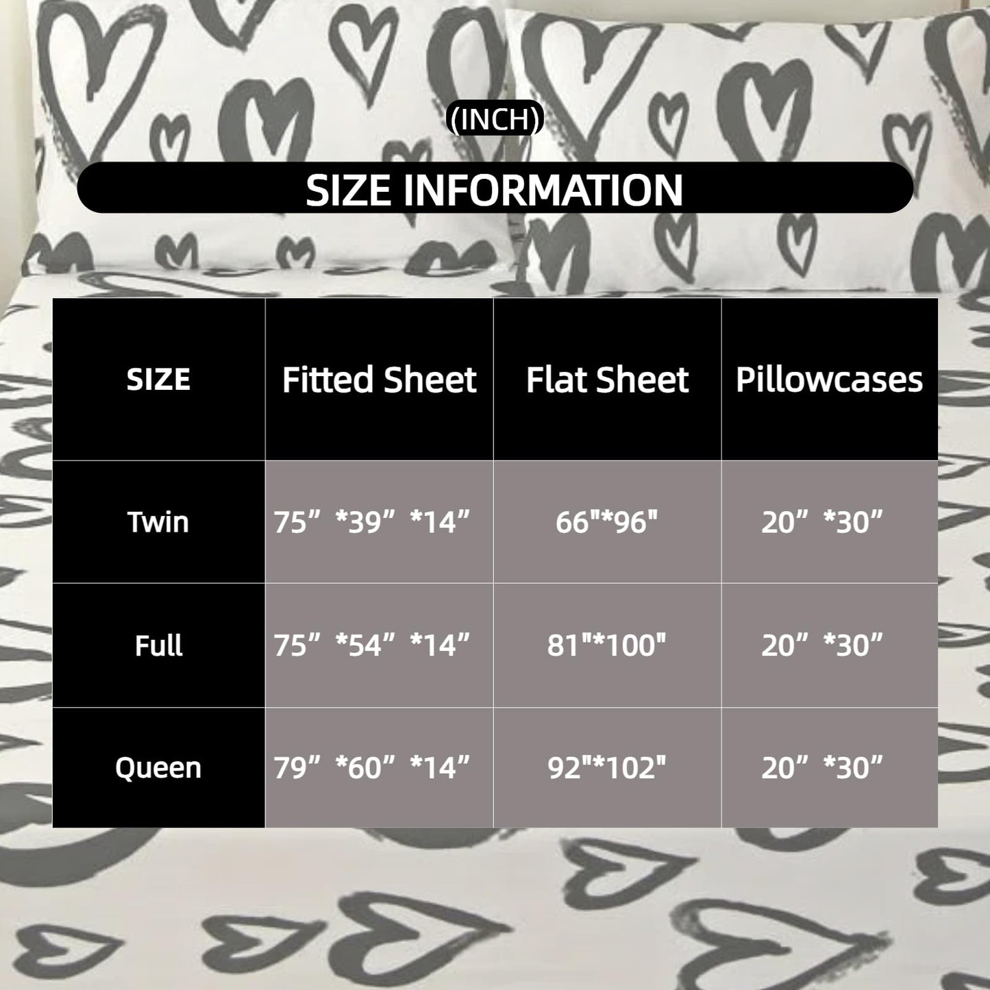 SDIII 4 Pieces Love Heart Sheets Set Twin, Soft Microfiber Black and White Heart Sheets Twin, Romantic Hearts Bedding Sheet Shrink and Fade Resistant